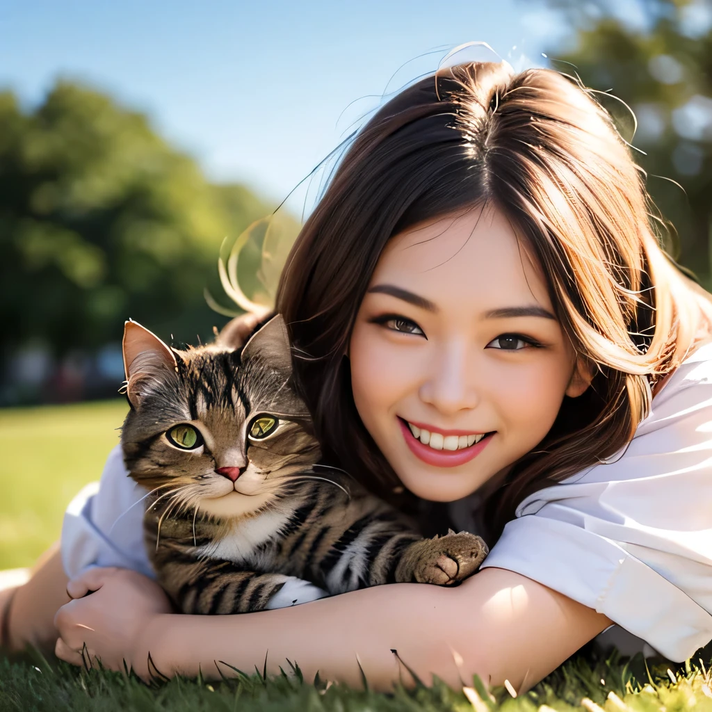 Araffe and a woman laying on the grass with a cat - SeaArt AI
