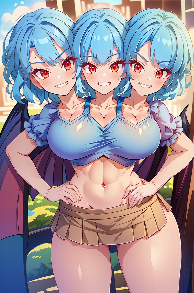 (masterpiece, best quality),best quality, ((ultra-detailed), ((3heads:1.5)), ((three headed girl:1.5)), 1girl, (remilia scarlet:1.3), masterpiece, best quality, (high quality), (high resolution), (best quality:1.5, highres, UHD), highres, absurdo, ultra detail, ultra quality, ultra resolution, pink top, crop top, ((stomach)), midriff, ((groin)), pink skirt, normal ears, shackles, (blue hair:1.5), short hair, red eyes, very beaitiful eyes, very pretty eyes, parted lips, smiling, smirking, grin, (smug:1.5), cute, toned belly, hand on own chest, eyelashes, (2 woman:1.3), (masterpiece:1.5), (best quality:1.5), (beautiful detailed:1.5), extremely detailed CG, extremely delicate and beautiful, depth of field, (finely detailed face), (perfect details:1.2), (mature female:1.3), wide pelvis, slender, large veiny breast, 16k resolution, highres, high quality, high definition, extremely detailed, masterpiece, best quality, blue hair, identical hair color, short hair, alluring presence, braid, short skirt, close up, very big breasts, huge breasts, young, wearing a mob cap, bat wings, girl with three heads, three headed girl, same hair color,
