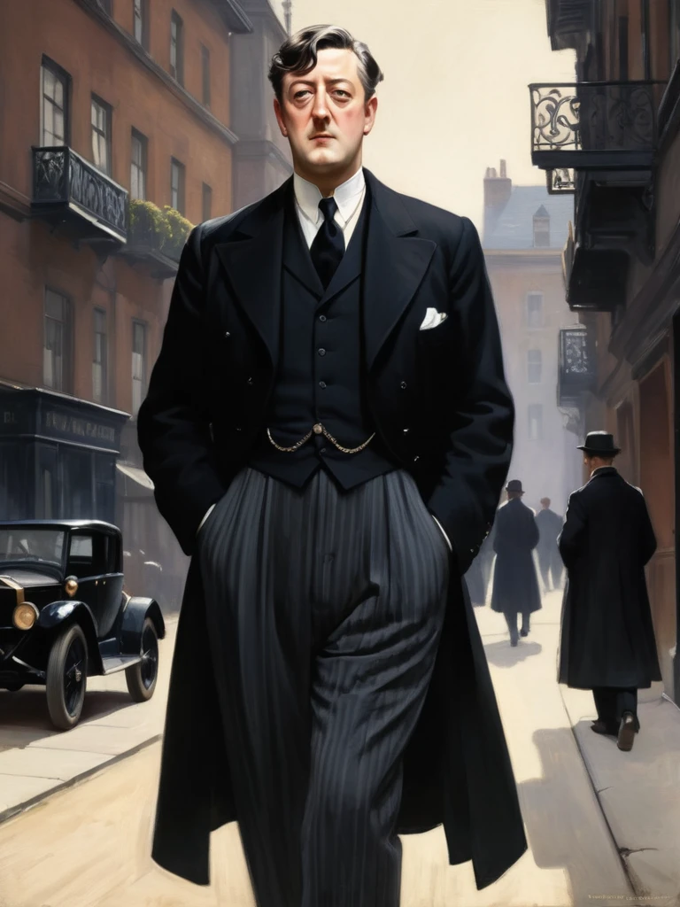 Lonely young adult girl, Tall stature, little chest, Slavic appearance: Green eyes; blond hair; sharp facial features; dimpled chin; Straight nose; high nose; pronounced high cheekbones; high forehead, stands upright, military uniform: gray double-breasted overcoat; gray pants, full length, black leather gloves, in the middle of the street, Background: A street with a stone paved road with European stone houses from the first half of the 20th century, High quality shadows, High quality of light, High quality clothing, Masterpiece picture quality, max detail, Masterpiece quality.