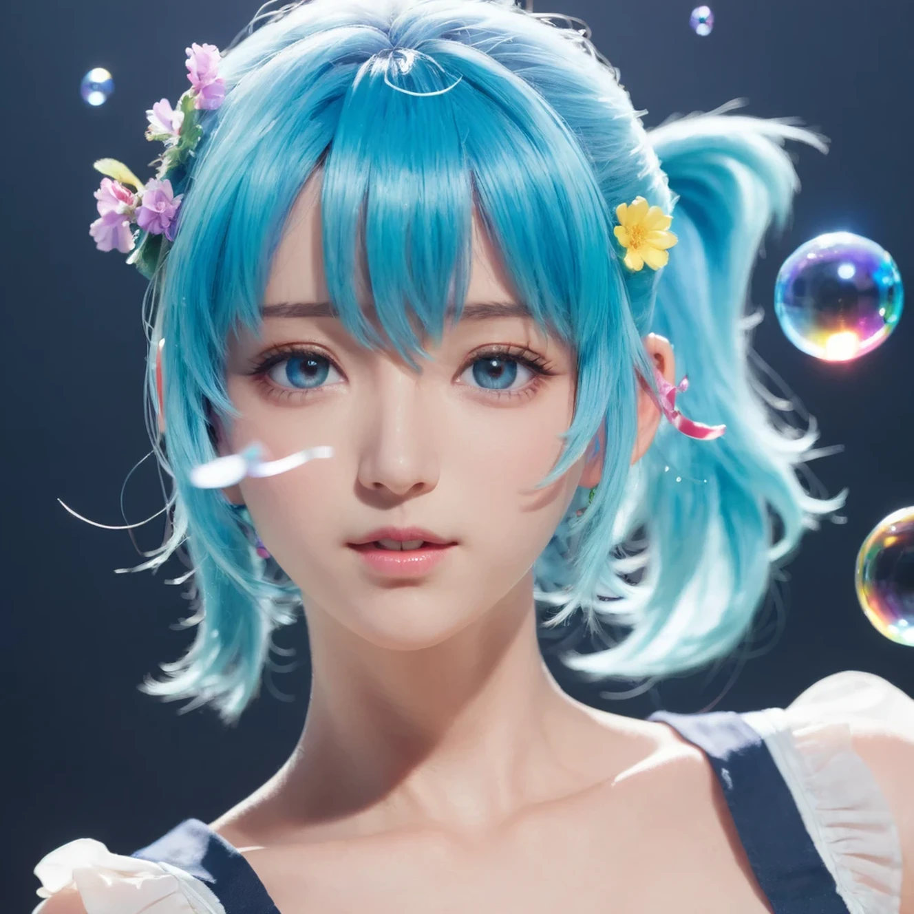 (masterpiece), (best quality), (ultra detailed),(disheveled hair),(illustration), (1girl), (Fashionable clothing), standing, Fashion model, looking at viewer, (interview), (simple background),beautiful detailed eyes, delicate beautiful face, Floating,(high saturation),(colorful splashes),colorful bubble,(shining), focus on face,  ponytail, kamisato ayaka, light blue hair, bangs, hair ring, floating flowers, floating hairs, (shining), best lighting, best shadow,