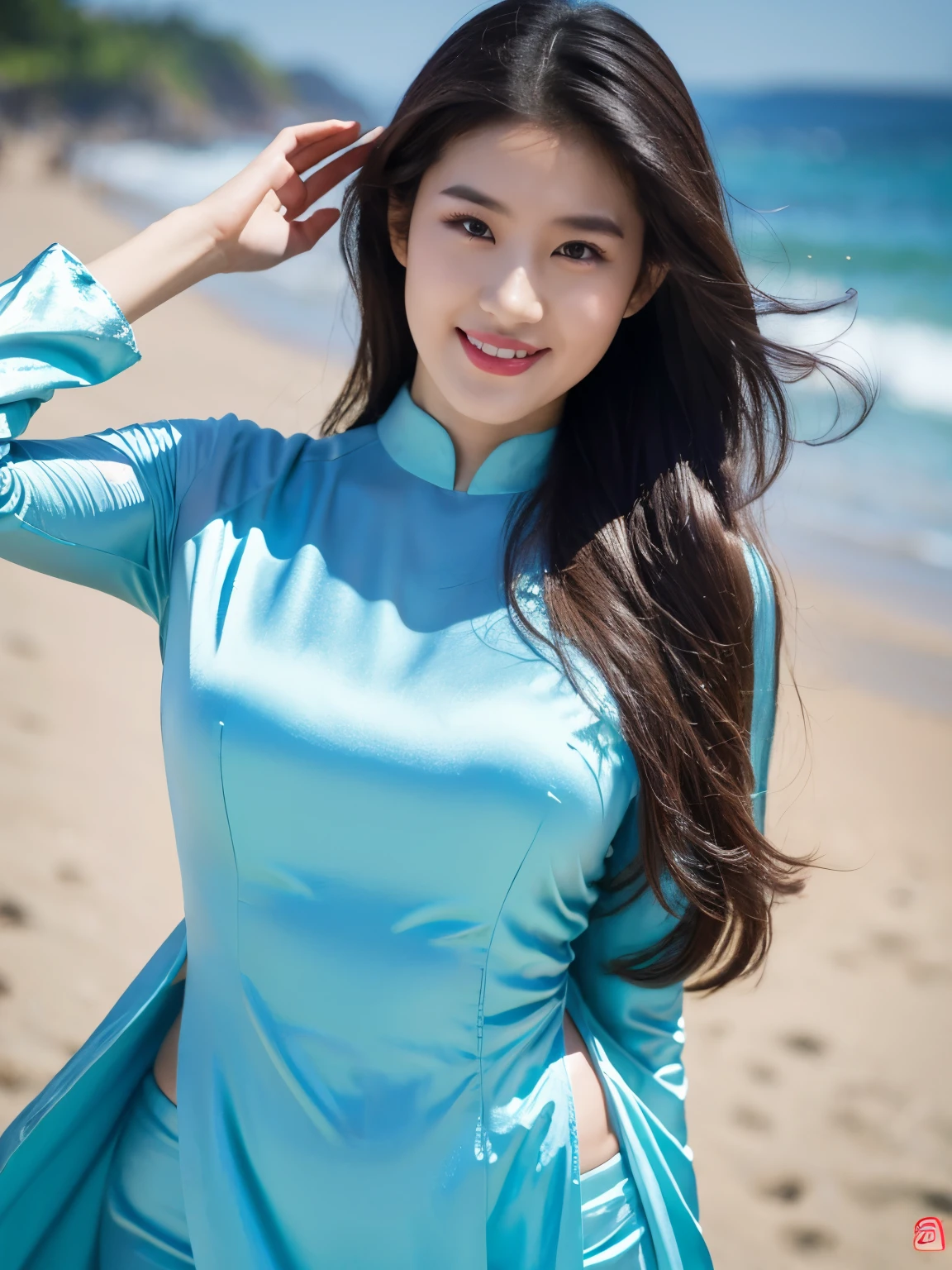 detailed body, attractive body, perfect human body, realistic face,
(ultimate quality, masterpiece, highres:1.0), realistic:1.6, photorealistic,
[8k UHD photos, UHD high quality photos, Super detailed and super clear images],
Close-up of a Vietnamese girl with a beautiful face and balanced body, leggy, round face, big round eyes, Charming smile, Red lips, long curly eyelashes, big dimples, pointed chin, plump face, Her face resembles Liu Yifei, Tall and plump figure,
wearing a bright and blue shiny satin ao dai, standing beside the beach, pose sexy,
Satin ao dai,