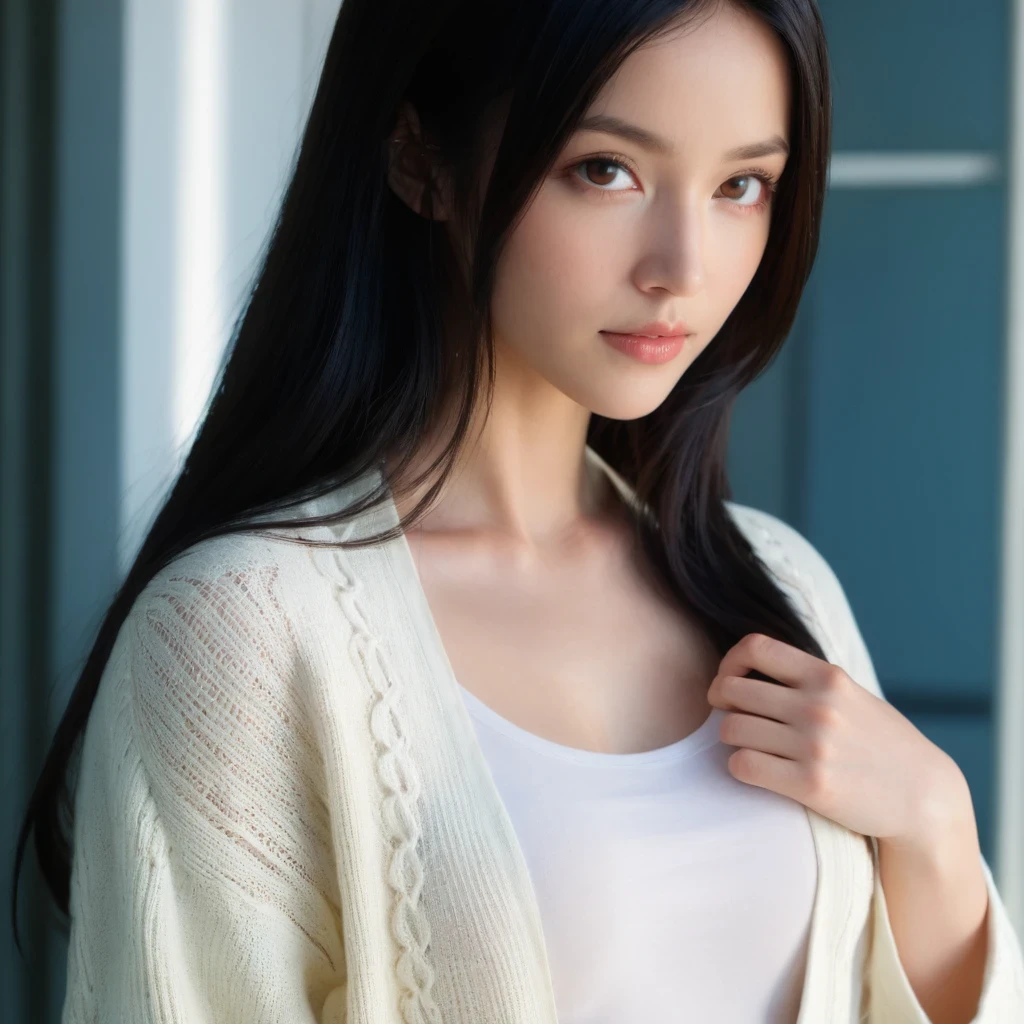 Masterpiece, Best Quality, Ultra High Resolution (Realisticity: 1.4), Original Photo, 35mm Lens, Aperture F1.4, Movie Poster, Light and Shadow, A Girl, In White Cardigan, Long Black Hair, Real Skin, (Skin Detail: 1.3),