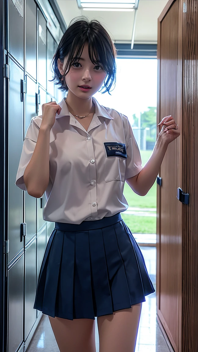 1 Girl, school girl, high school uniform, divine beauty, goddess beauty, extremely detailed CG unity 8k wallpaper, best quality, ultra-detailed, masterpiece, realistic, photo realistic, extremely detailed 1 cute girl, 20years old, (((skirt lift by myself))), (lifted by self),  panties , panties focus, blush, parted lips, looking at viewer, (crowd of other students), (inside the school), short hair.