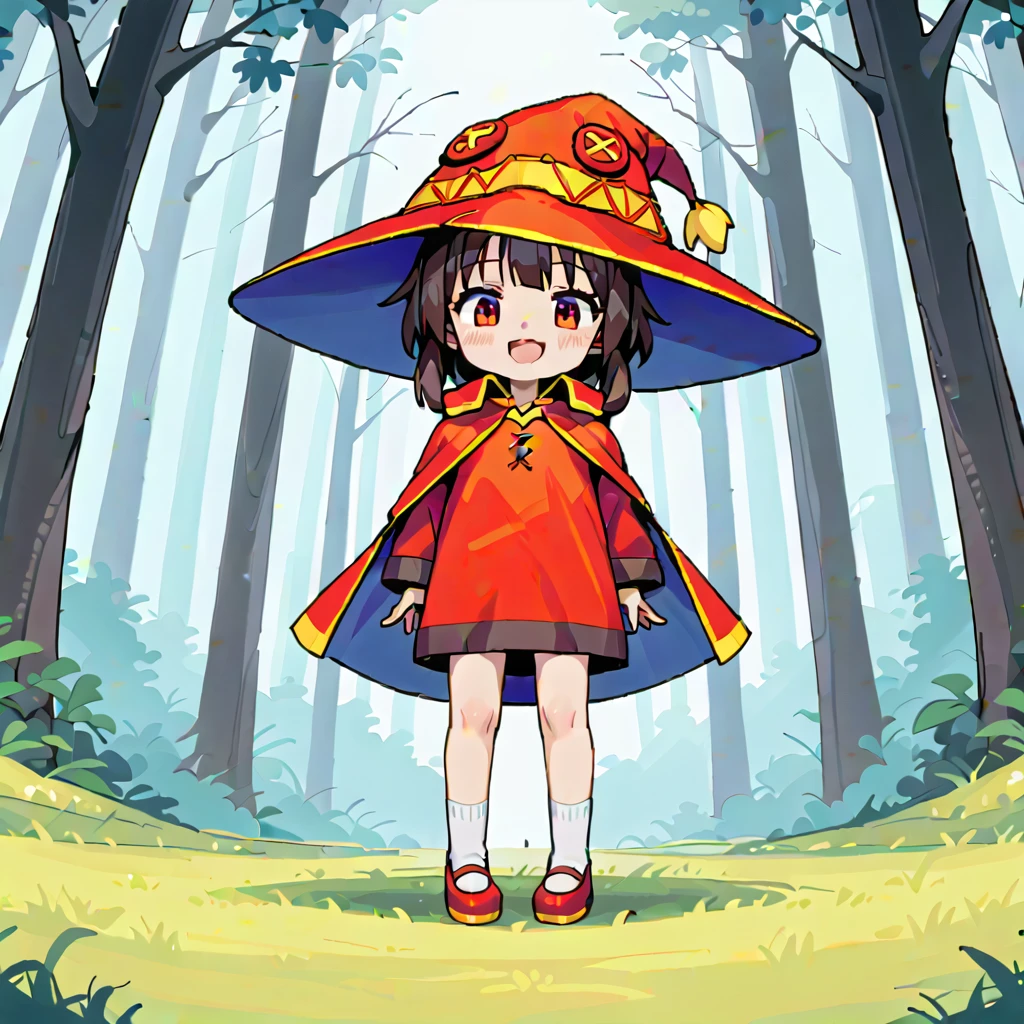 Hzk, masterpiece, Best Quality, 8k, Pixel Art, Pixel Art, Vivid, ((One Girl)), Young woman, Embarrassing、blush, Bend diagonally, Open your mouth, Megumin, (Best Quality:1.0),Nipples、Black underwear、Red Cape、Big hat、Explosion on background