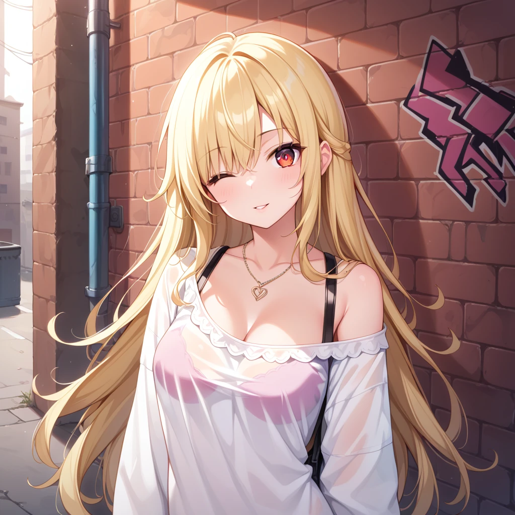 Super realistic 8k cg, masterpiece, ((Ultra detailed background, Exquisite pattern, Intricate details)), Best quality, Intricate detailss, Chromatic Aberration, 1 Girl, Long hair, Blonde hair, Messy hair, Red Highlight, Single eye coverage, Sharp eyes, Necklace, Brick Wall, Graffiti, Dim Lights, alley, Oversized shirts,Off-shoulder, See-through white shirt, masterpiece, Best quality