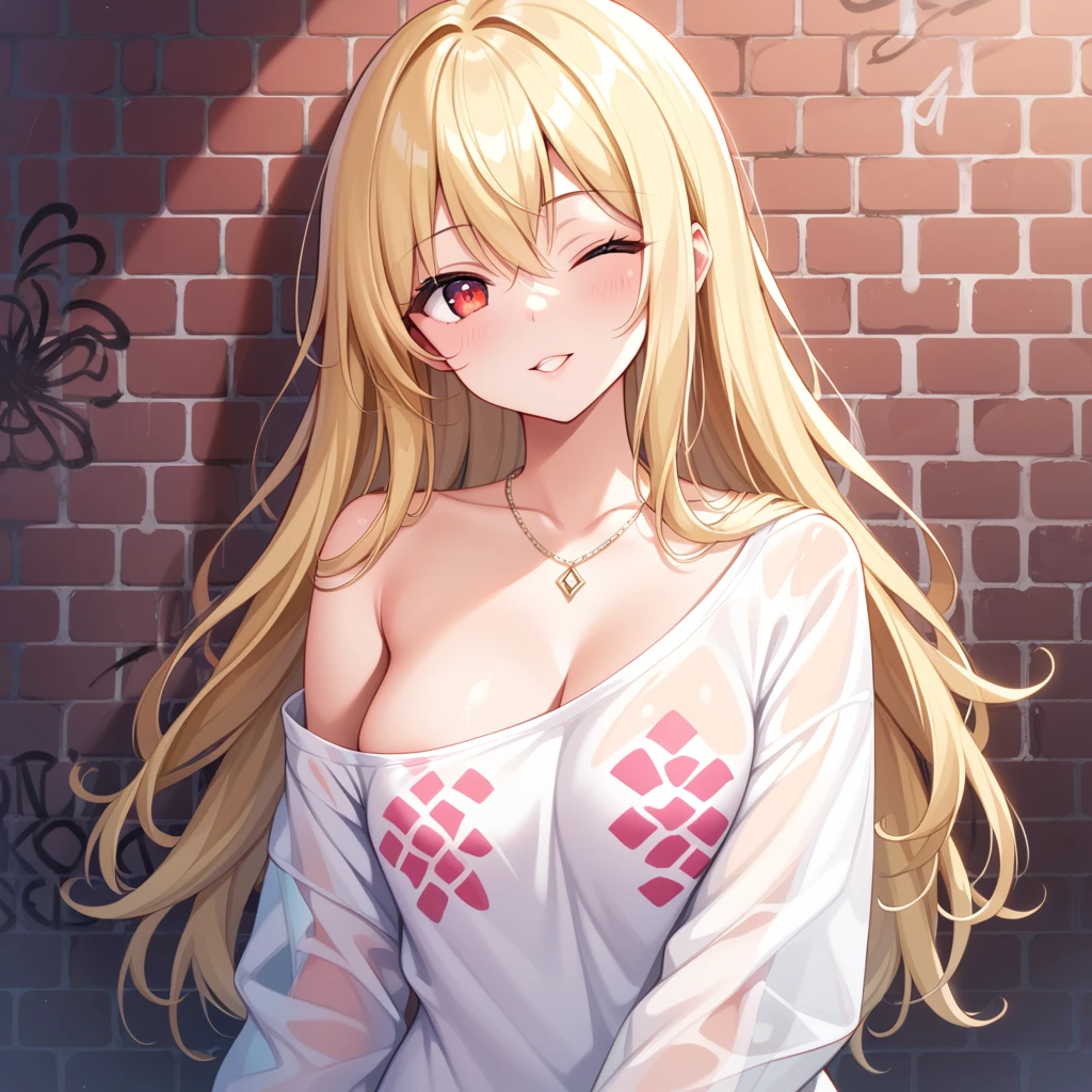 Super realistic 8k cg, masterpiece, ((Ultra detailed background, Exquisite pattern, Intricate details)), Best quality, Intricate detailss, Chromatic Aberration, 1 Girl, Long hair, Blonde hair, Messy hair, Red Highlight, Single eye coverage, Sharp eyes, Necklace, Brick Wall, Graffiti, Dim Lights, alley, Oversized shirts,Off-shoulder, See-through white shirt, masterpiece, Best quality