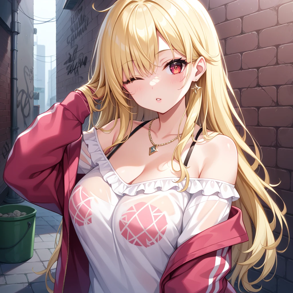 Super realistic 8k cg, masterpiece, ((Ultra detailed background, Exquisite pattern, Intricate details)), Best quality, Intricate detailss, Chromatic Aberration, 1 Girl, Long hair, Blonde hair, Messy hair, Red Highlight, Single eye coverage, Sharp eyes, Necklace, Brick Wall, Graffiti, Dim Lights, alley, Oversized shirts,Off-shoulder, See-through white shirt, masterpiece, Best quality