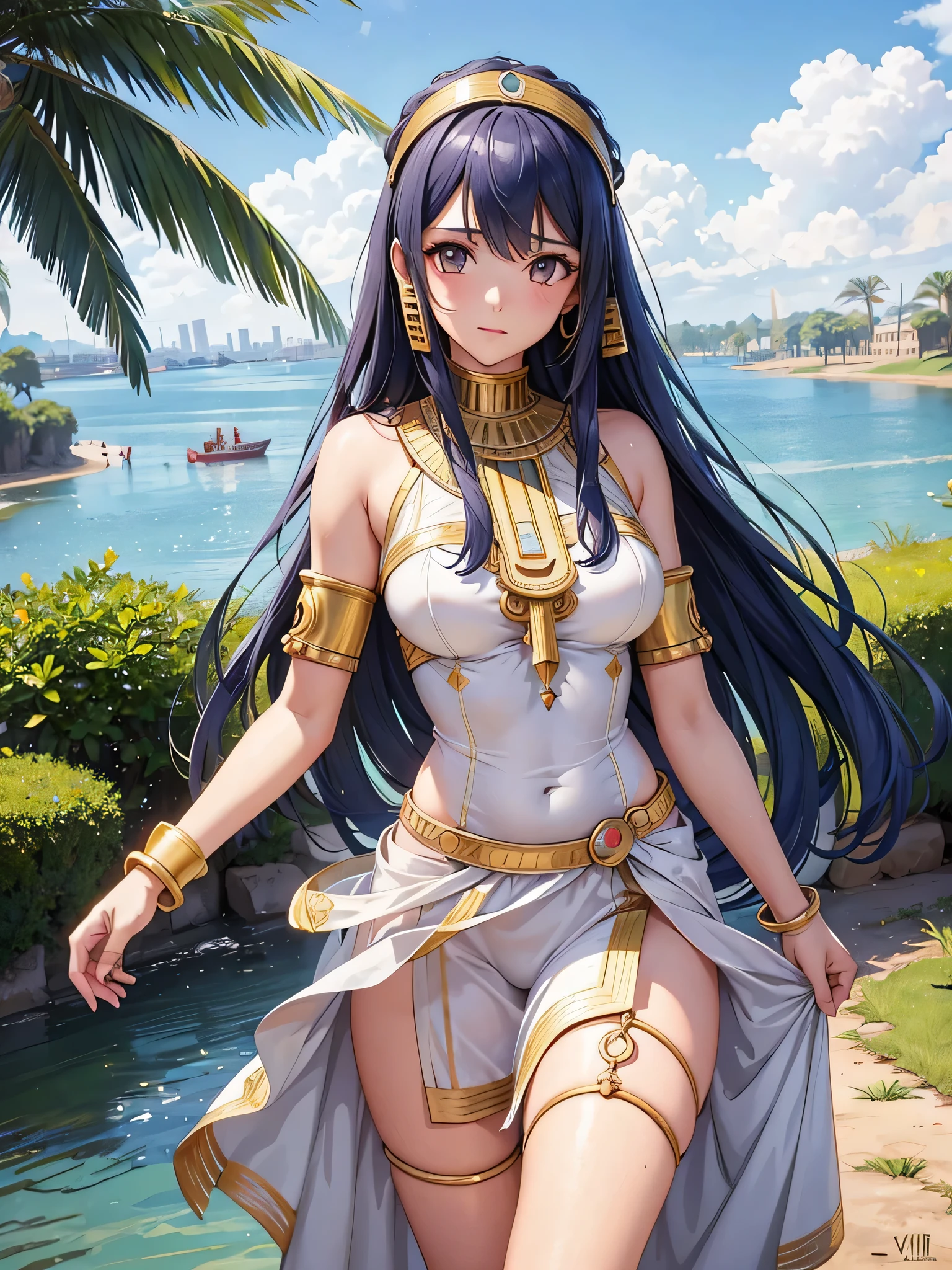 All intricate realistic details: "An ancient Egyptian teen girl walking along the banks of the Nile River, Her body and face are similar to Pricilla Ricart, vey ecchi, Lightweight clothing due to the heat, anime mappa style, with more facial details if possible, seduction pose"