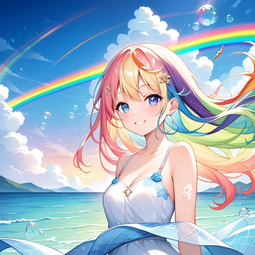 (masterpiece, high quality, Best quality, watercolor (medium), Official Art, Beautiful and aesthetic: 1.2), (1 girl: 1.3), (Fractal Art: 1.3), morning, Good morning, Smile, sunny, Cheerful, Looks like an audience, pattern, Waves, (Rainbow Hair, Colorful Hair: 1.2), Sky, gas, cloud, Colorful, Soap Bubbles