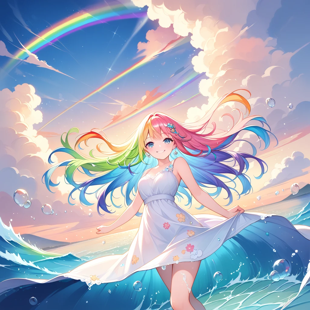 (masterpiece, high quality, Best quality, watercolor (medium), Official Art, Beautiful and aesthetic: 1.2), (1 girl: 1.3), (Fractal Art: 1.3), morning, Good morning, Smile, sunny, Cheerful, Looks like an audience, pattern, Waves, (Rainbow Hair, Colorful Hair: 1.2), Sky, gas, cloud, Colorful, Soap Bubbles