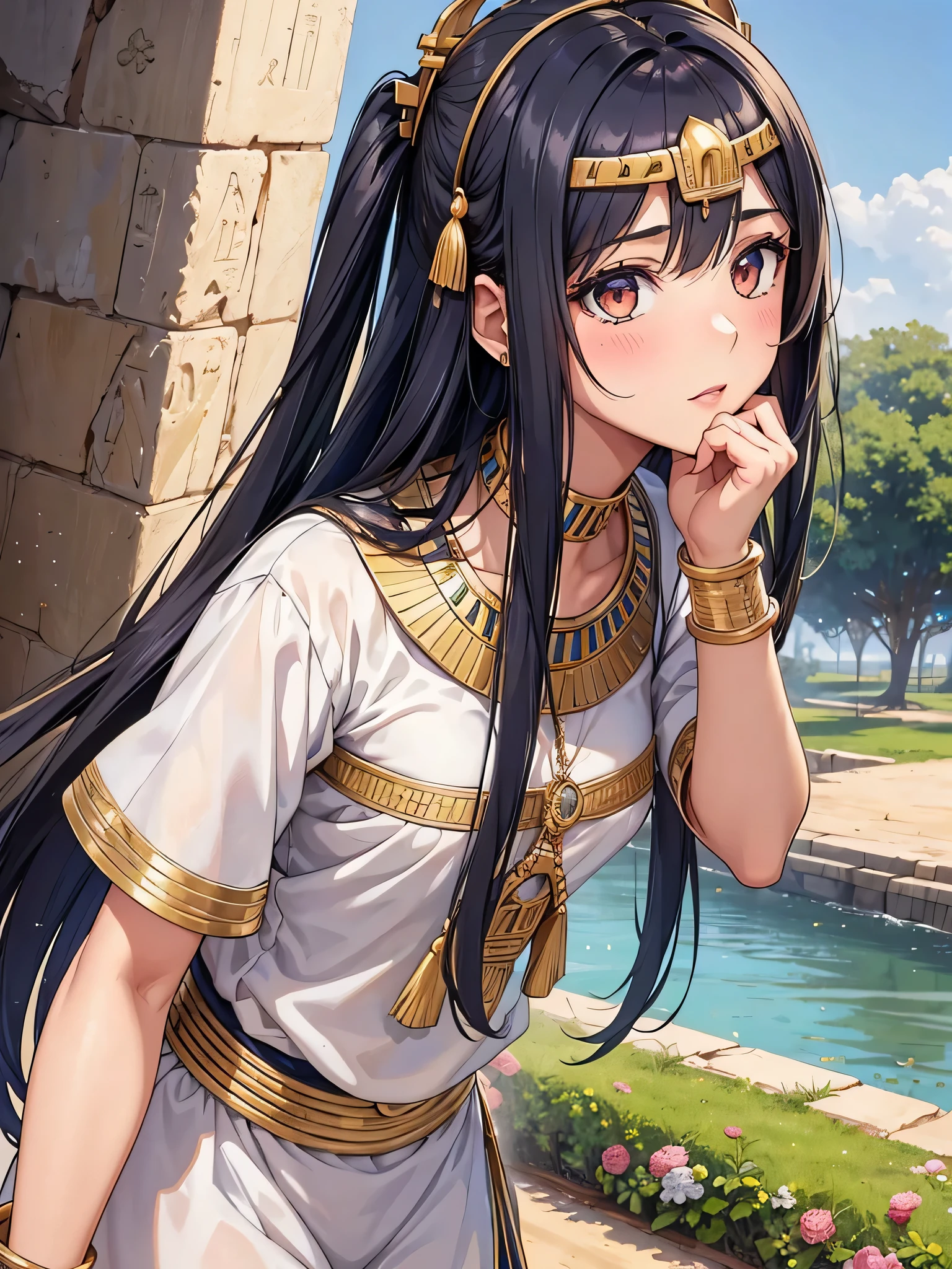 All intricate realistic details: "An ancient Egyptian girl walking along the banks of the Nile River, Her body and face are similar to Pricilla Ricart, vey ecchi, Lightweight clothing due to the heat, anime mappa style, with more facial details if possible, seduction pose"