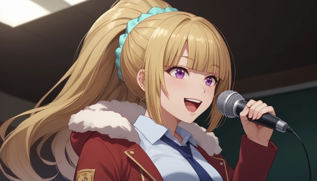 score_9, score_8_up, score_7_up, score_6_up, 1girl, KeiKaruizawa, Kei Karuizawa, bangs, blunt bangs, ponytail hair, violet eyes, blonde hair, blue scrunchie, sing, singing, open mouth, mic, half bodies, smile, positive vibes, ((looking at viewers, cowboy shot)), school outfits, red coat, white shirt, blue skirt, blue tie, side pov, side camera view, holding a mic, solo, half body