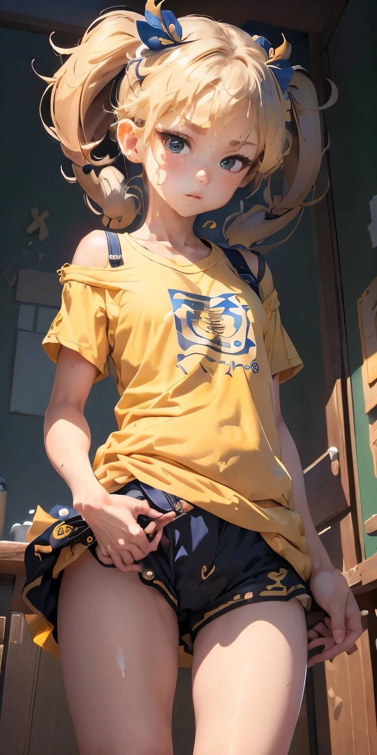 ((Best Quality))、((masterpiece))、(detailed)、((Hold your crotch with your fingers、))Wearing a yellow t-shirt、Seductive expression((Small twin-tailed .))