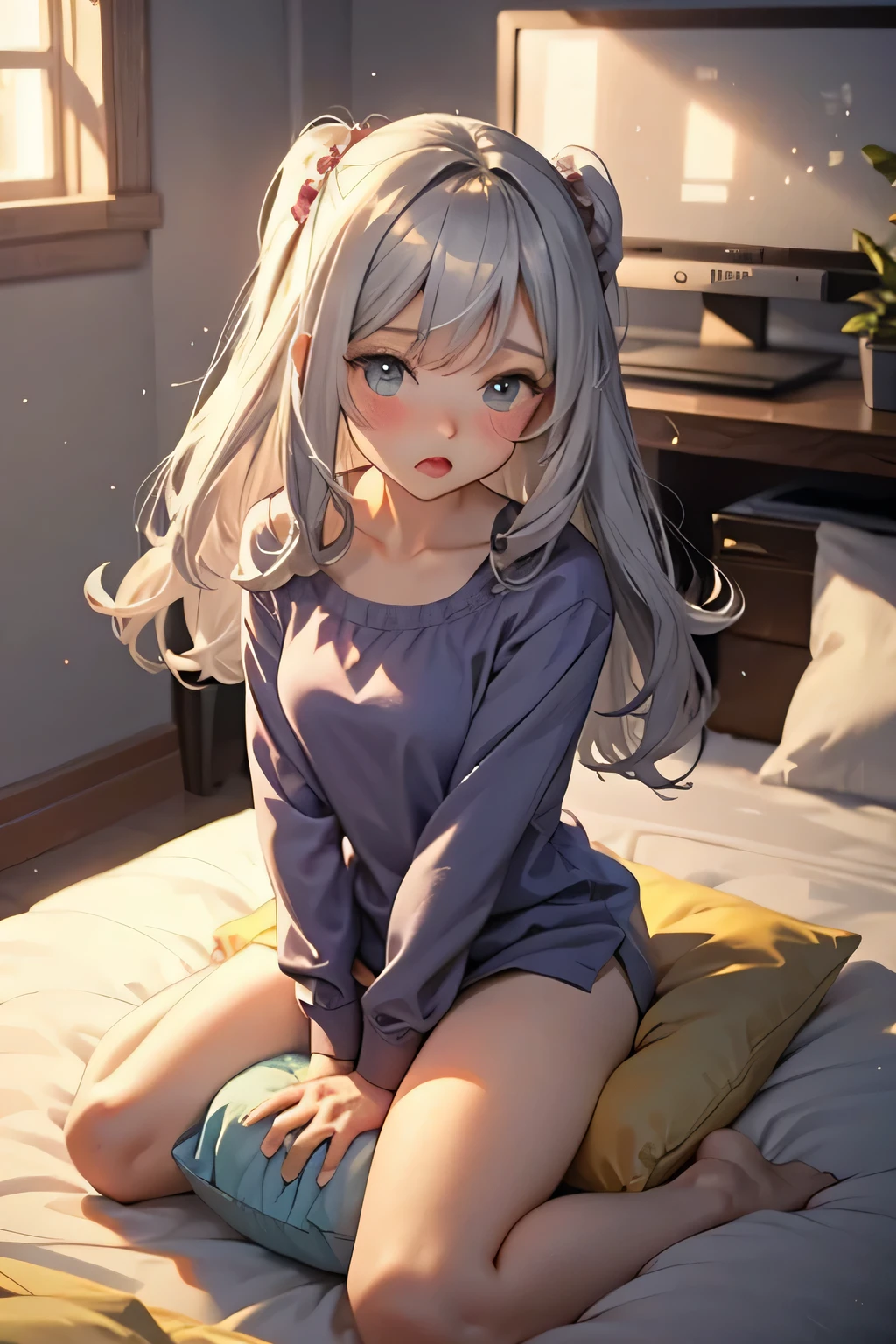 (Browsing Caution:1.2)、Beautiful girl sucks a condom、Flat Chest、Young body、Flat stomach、Embarrassing、A dreamy look、Excessive sweating all over the body、See-through pajamas、(sitting on a pillow,Straddling the pillow:1.4),(Pillow rubbing:1.7),(rubbing the crotch:1.6),Female orgasm,Pussy juice,(Out of breath,Heavy breathing,blush:1.6),(impatience:1.2),(Panicked)、(Look away from the camera、Looking down:1.5)、(Bedroom,On the bed:1.4)、Dim Light、Wide viewing angles、Condoms scattered on the bed、(Underview)、Female acts