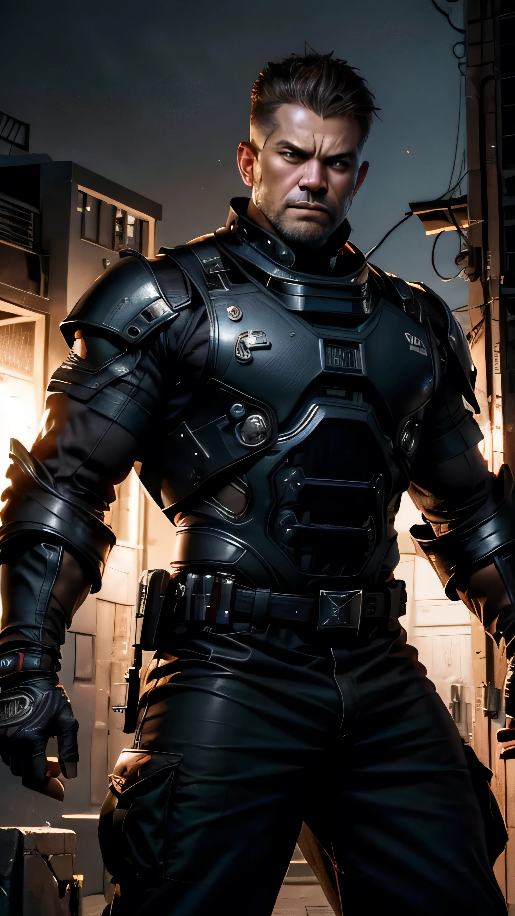 A hyper-detailed, photorealistic image of a strong man, 40Yo, with short, brown hair. His expression is serious and menacing, with a piercing gaze that conveys confidence and danger. He is wearing a black military uniform with technological metal gloves, emphasizing his modern and tactical look. The setting is a dimly lit urban environment, with shadows playing on his figure, highlighting his intense and focused demeanor and the shiny details of the weapons. The atmosphere is tense, with an air of suspense, as if a fight were about to break out.