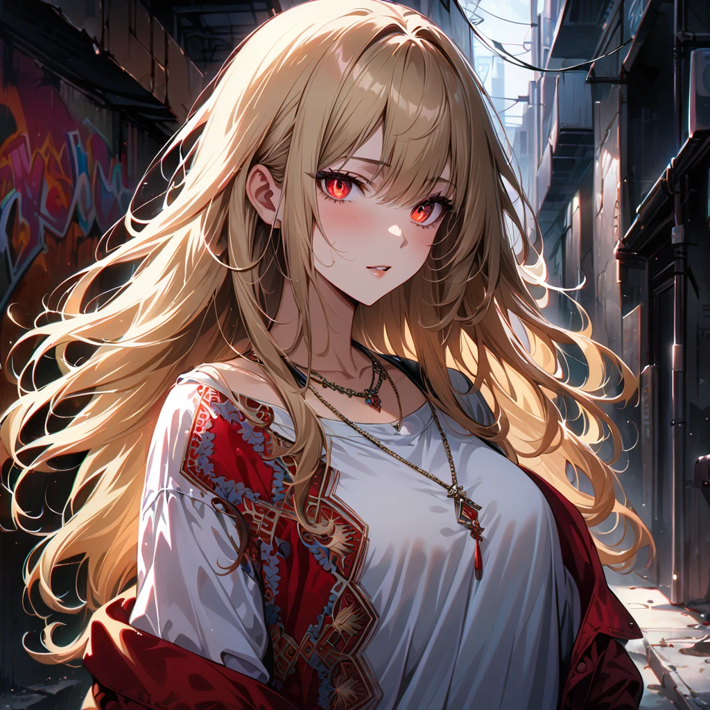 Super realistic 8k cg, masterpiece, ((Ultra detailed background, Exquisite pattern, Intricate details)), Best quality, Intricate detailss, Chromatic Aberration, 1 Girl, Long hair, Blonde hair, Messy hair, Red Highlight, Single eye coverage, Sharp eyes, Necklace, Brick Wall, Graffiti, Dim Lights, alley, Oversized shirts,Off-shoulder, See-through white shirt, masterpiece, Best quality