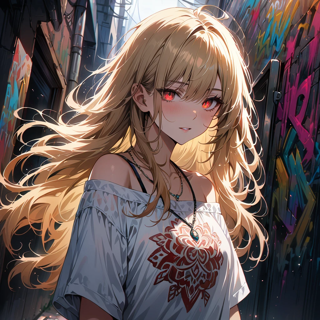 Super realistic 8k cg, masterpiece, ((Ultra detailed background, Exquisite pattern, Intricate details)), Best quality, Intricate detailss, Chromatic Aberration, 1 Girl, Long hair, Blonde hair, Messy hair, Red Highlight, Single eye coverage, Sharp eyes, Necklace, Brick Wall, Graffiti, Dim Lights, alley, Oversized shirts,Off-shoulder, See-through white shirt, masterpiece, Best quality