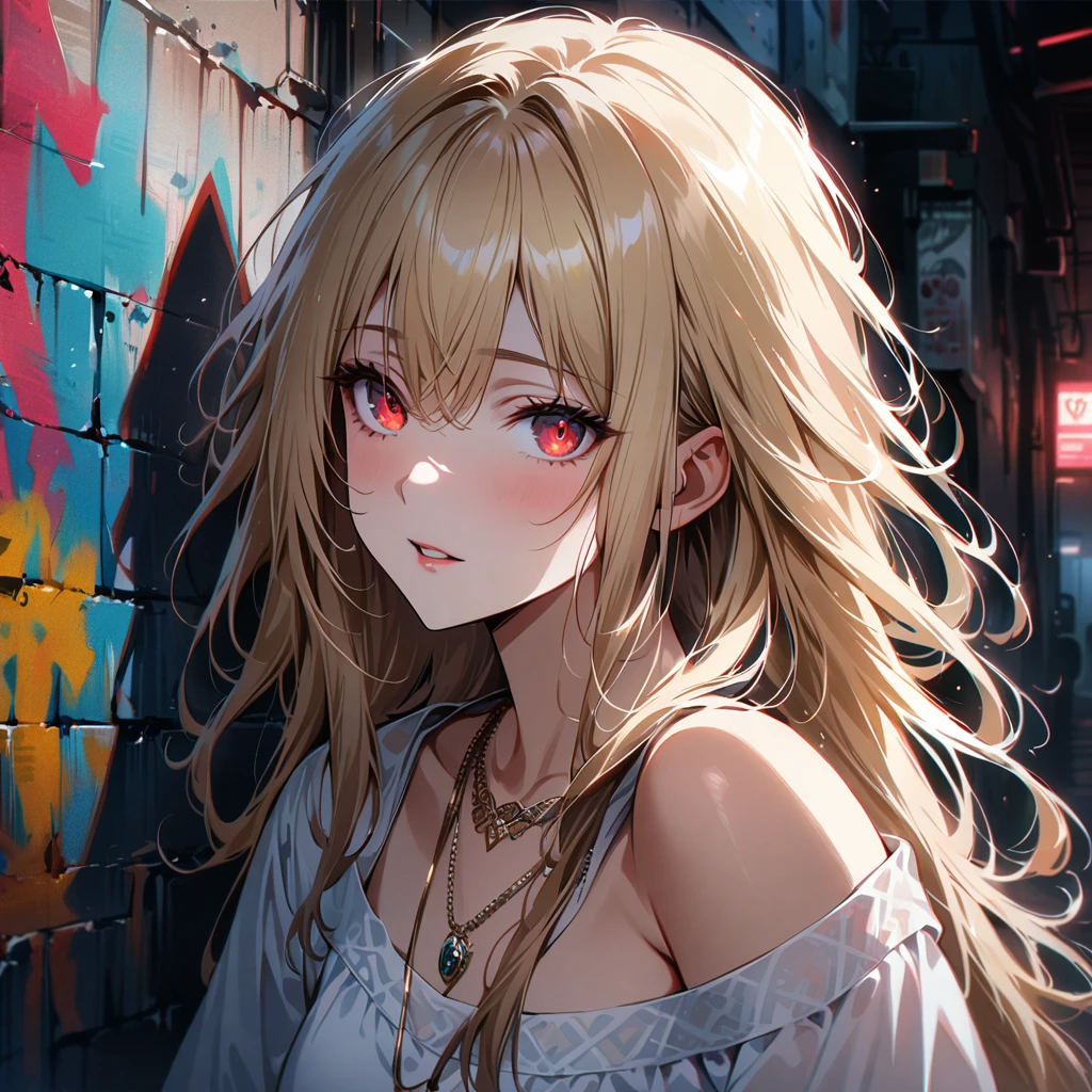 Super realistic 8k cg, masterpiece, ((Ultra detailed background, Exquisite pattern, Intricate details)), Best quality, Intricate detailss, Chromatic Aberration, 1 Girl, Long hair, Blonde hair, Messy hair, Red Highlight, Single eye coverage, Sharp eyes, Necklace, Brick Wall, Graffiti, Dim Lights, alley, Oversized shirts,Off-shoulder, See-through white shirt, masterpiece, Best quality