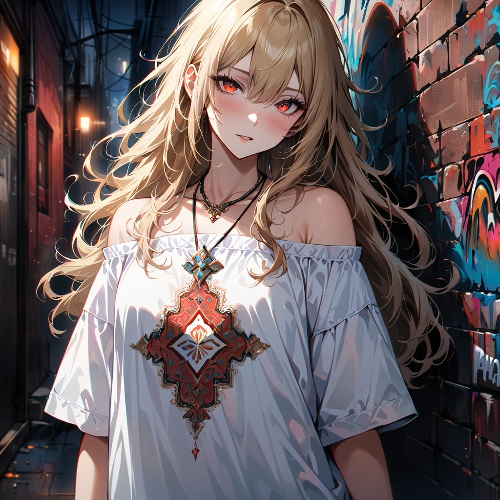 Super realistic 8k cg, masterpiece, ((Ultra detailed background, Exquisite pattern, Intricate details)), Best quality, Intricate detailss, Chromatic Aberration, 1 Girl, Long hair, Blonde hair, Messy hair, Red Highlight, Single eye coverage, Sharp eyes, Necklace, Brick Wall, Graffiti, Dim Lights, alley, Oversized shirts,Off-shoulder, See-through white shirt, masterpiece, Best quality