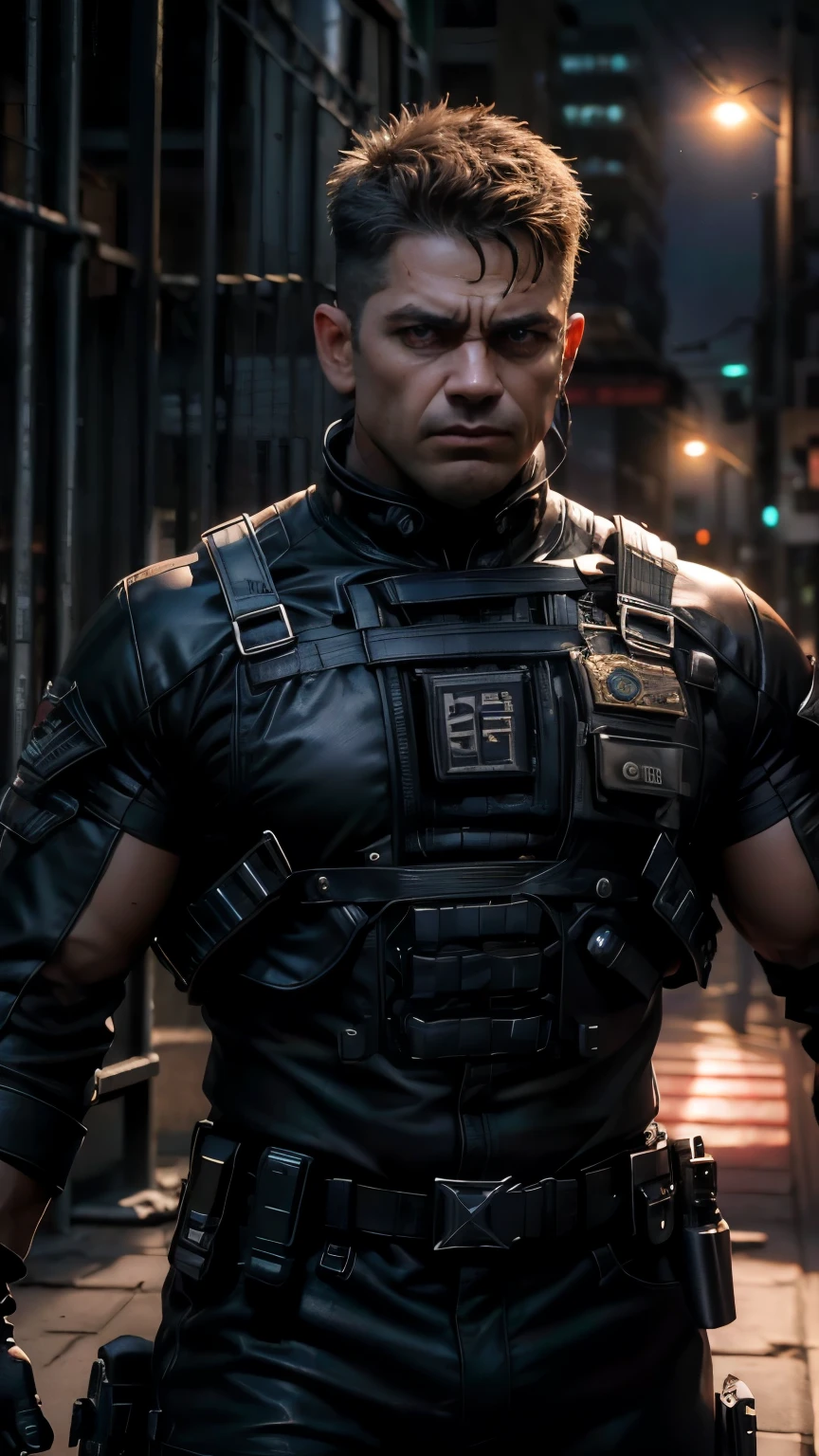 A hyper-detailed, photorealistic image of a strong man, 40Yo, with short, brown hair. His expression is serious and menacing, with a piercing gaze that conveys confidence and danger. He is wearing a black military uniform with technological metal gloves, emphasizing his modern and tactical look. The setting is a dimly lit urban environment, with shadows playing on his figure, highlighting his intense and focused demeanor and the shiny details of the weapons. The atmosphere is tense, with an air of suspense, as if a fight were about to break out.