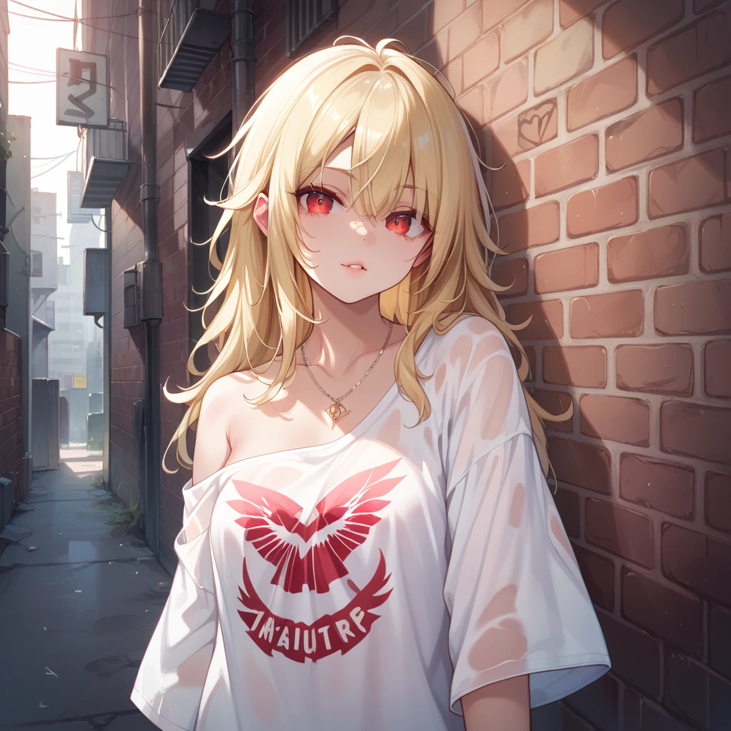 Super realistic 8k cg, masterpiece, ((Ultra detailed background, Exquisite pattern, Intricate details)), Best quality, Intricate detailss, Chromatic Aberration, 1 Girl, Long hair, Blonde hair, Messy hair, Red Highlight, Single eye coverage, Sharp eyes, Necklace, Brick Wall, Graffiti, Dim Lights, alley, Oversized shirts,Off-shoulder, See-through white shirt, masterpiece, Best quality