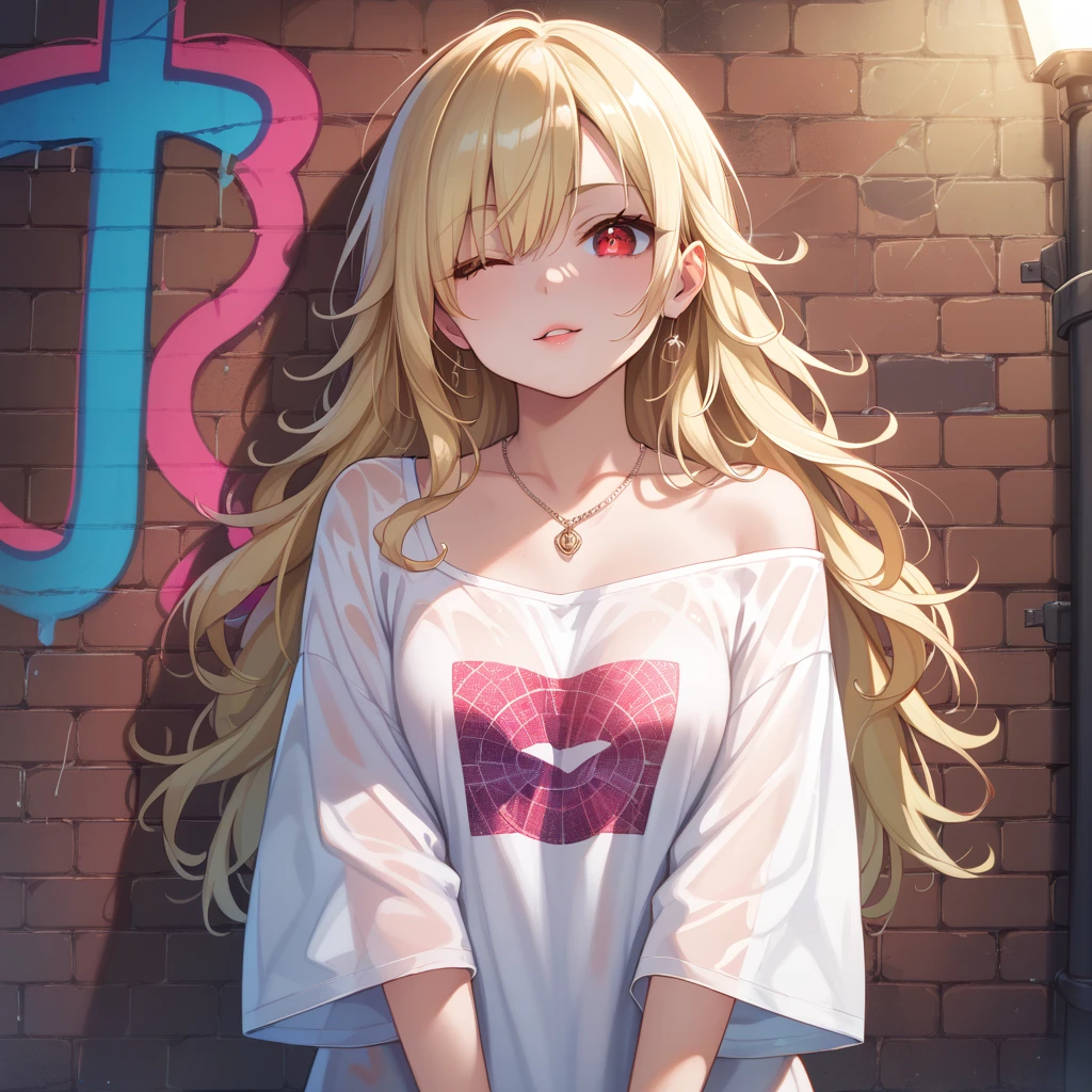 Super realistic 8k cg, masterpiece, ((Ultra detailed background, Exquisite pattern, Intricate details)), Best quality, Intricate detailss, Chromatic Aberration, 1 Girl, Long hair, Blonde hair, Messy hair, Red Highlight, Single eye coverage, Sharp eyes, Necklace, Brick Wall, Graffiti, Dim Lights, alley, Oversized shirts,Off-shoulder, See-through white shirt, masterpiece, Best quality