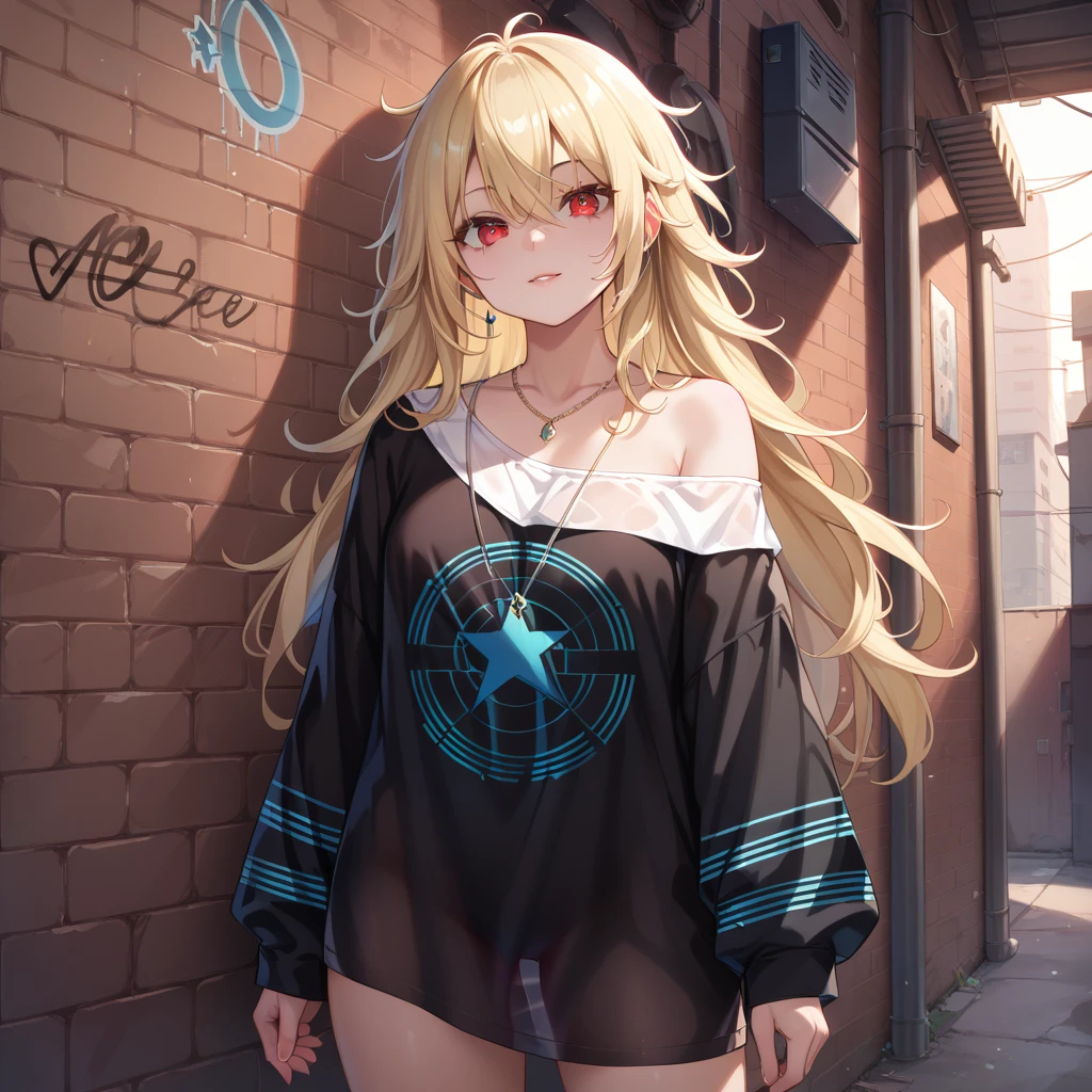 Super realistic 8k cg, masterpiece, ((Ultra detailed background, Exquisite pattern, Intricate details)), Best quality, Intricate detailss, Chromatic Aberration, 1 Girl, Long hair, Blonde hair, Messy hair, Red Highlight, Single eye coverage, Sharp eyes, Necklace, Brick Wall, Graffiti, Dim Lights, alley, Oversized shirts,Off-shoulder, See-through white shirt, masterpiece, Best quality