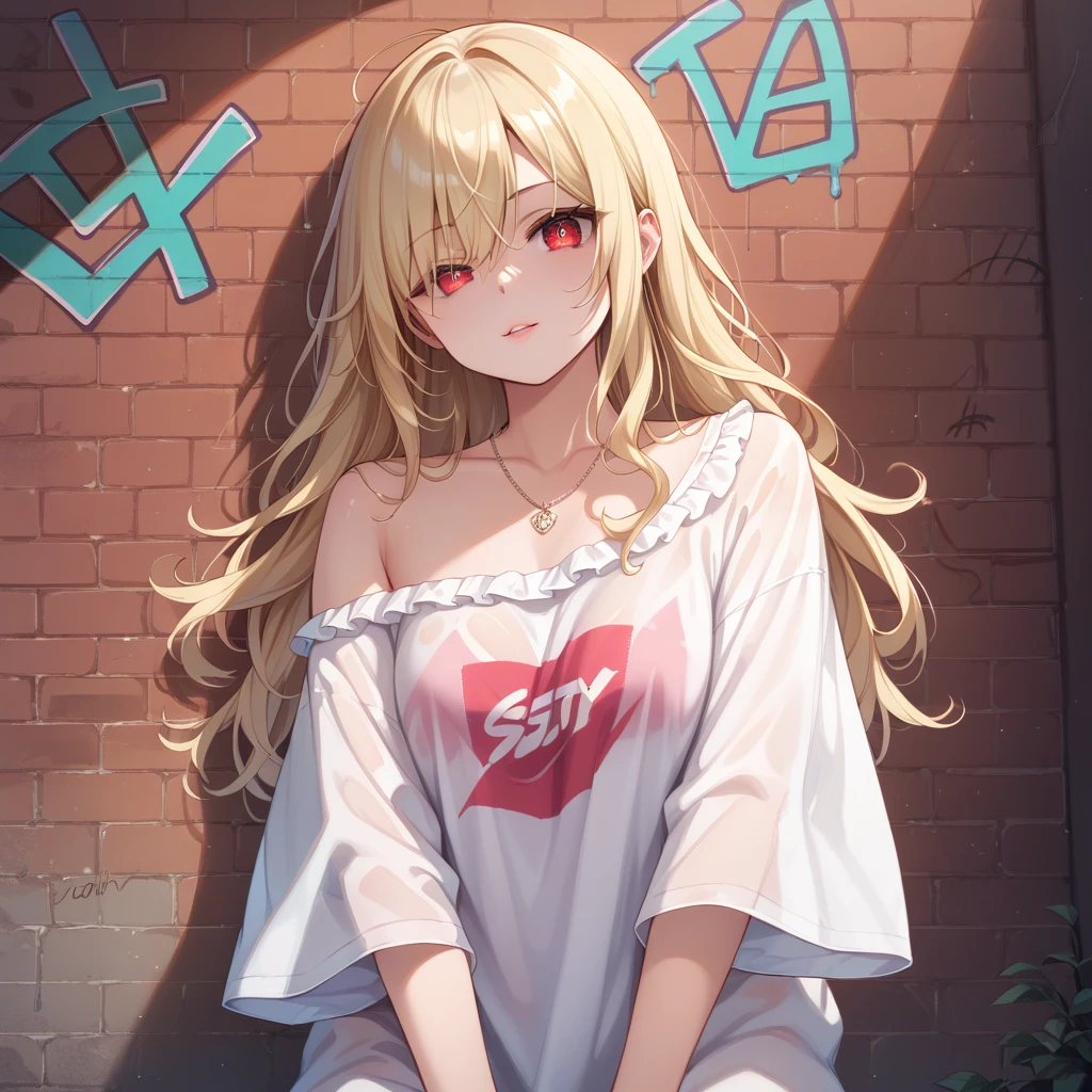 Super realistic 8k cg, masterpiece, ((Ultra detailed background, Exquisite pattern, Intricate details)), Best quality, Intricate detailss, Chromatic Aberration, 1 Girl, Long hair, Blonde hair, Messy hair, Red Highlight, Single eye coverage, Sharp eyes, Necklace, Brick Wall, Graffiti, Dim Lights, alley, Oversized shirts,Off-shoulder, See-through white shirt, masterpiece, Best quality