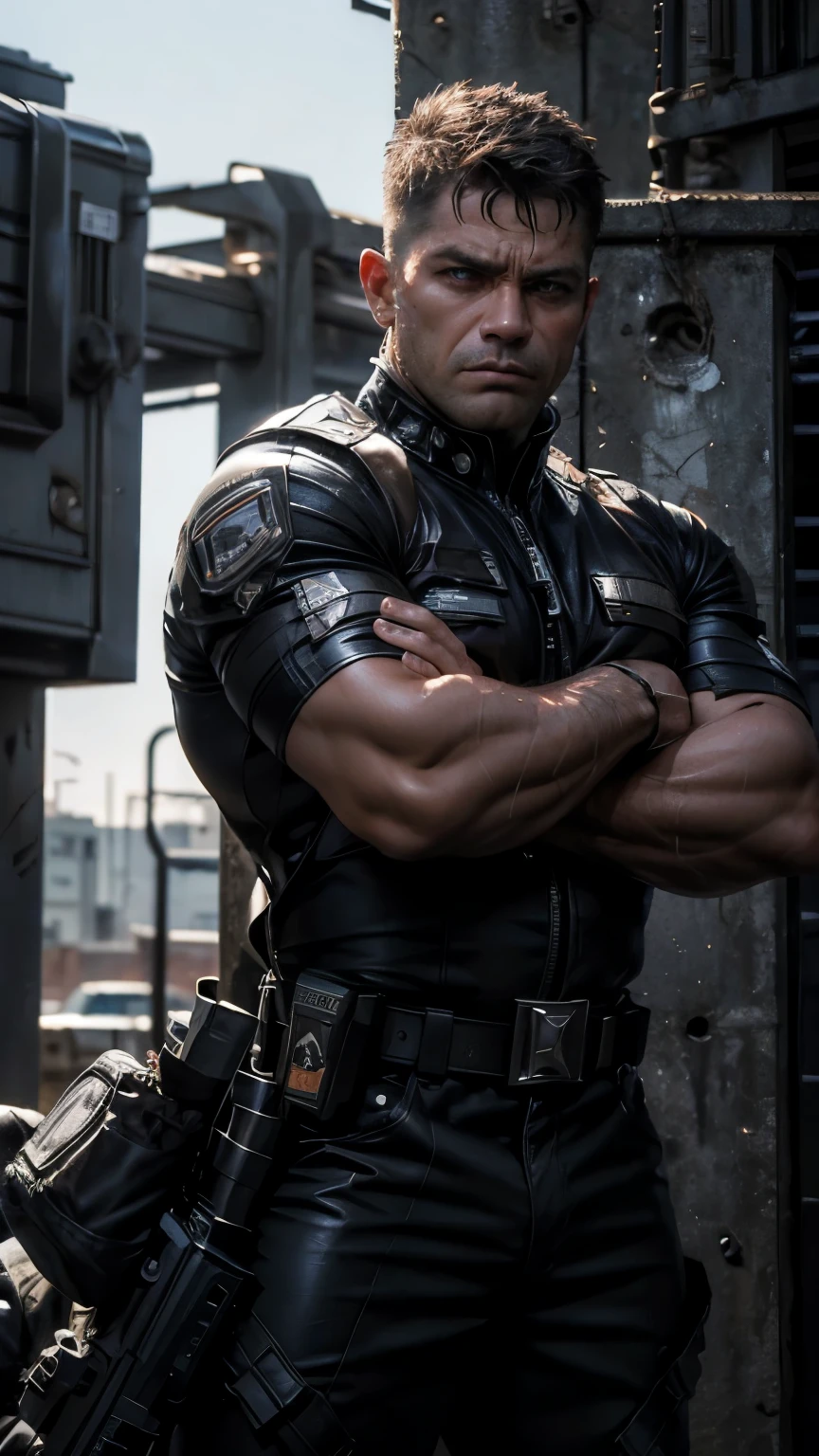 A hyper-detailed, photorealistic image of a strong man, 40Yo, with short, brown hair. His expression is serious and menacing, with a piercing gaze that conveys confidence and danger. He is wearing a black military uniform with technological metal gloves, emphasizing his modern and tactical look. The setting is a dimly lit urban environment, with shadows playing on his figure, highlighting his intense and focused demeanor and the shiny details of the weapons. The atmosphere is tense, with an air of suspense, as if a fight were about to break out.