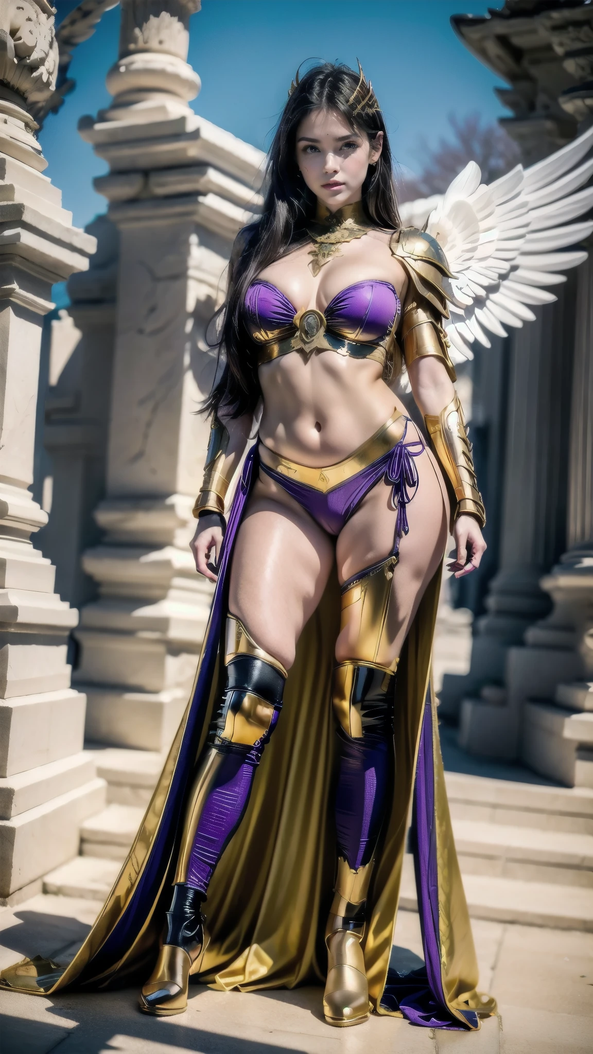 woman in a costume with wings and a sword, as a mystical Valkyrie, ornate cosplay, Angelic Golden Armor, mystical Valkyrie, Valkyrie, beautiful female paladin, angel knight girl, cinematic goddess body, impressive armor, warrior clothes, angel in plastic armor, Beautiful armor, cosplay glamouroso, fantasy costume, cosplay, lady palutena, body proportions, (Chapped lips:1.4), (blush de nariz:1.2), foreshortening, black cuts, (eye contact), High contrast, ultra high resolution, high resolution, detailed, Clean face,  (sensual face:1.5), (big purple eyes:1.2), (ultra detailed eyes:1.4), (high resolution eyes:1.1), (ultra detailed skin texture:1.4), PERSEPHONE, Persephone, Persephone, (SFW:1.5),  (full body:1.8), (upper body up:0.3), (hyper realistic:1.4), (realistic:1.3), (best quality real texture skin), Detailed eyes, detailed face,
