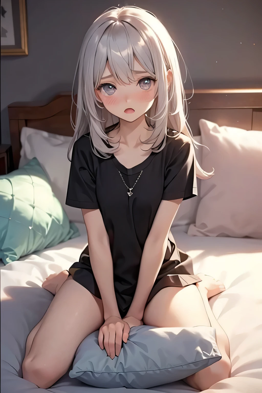 (Browsing Caution:1.2)、Beautiful girl sucks a condom、Flat Chest、Young body、Flat stomach、Embarrassing、A dreamy look、Excessive sweating all over the body、See-through pajamas、(sitting on a pillow,Straddling the pillow:1.4),(Pillow rubbing:1.7),(rubbing the crotch:1.6),Female orgasm,Pussy juice,(Out of breath,Heavy breathing,blush:1.6),(impatience:1.2),(Panicked)、(Look away from the camera、Looking down:1.5)、(Bedroom,On the bed:1.4)、Dim Light、Wide viewing angles、Condoms scattered on the bed、(Underview)、Female acts