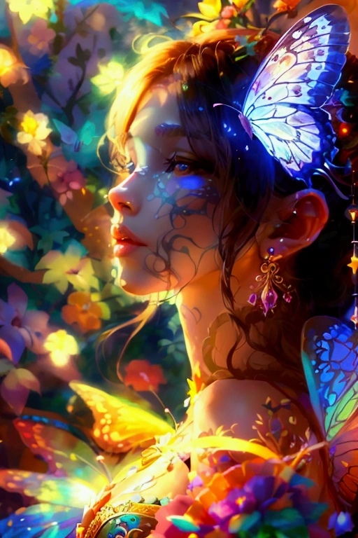 A woman in a fairy costume with a butterfly on her chest., fantasy art style, fancy, beautiful lighting, beautiful fantasy art, detailed fantasy digital art, Beautiful digital artwork, digital fantasy art ), colorfull digital fantasy art, Beautiful digital art, fantasy digital art, Digital art Fantasy art, very beautiful fantasy art, beautiful Beautiful digital art, astral, Detailed fantasy art