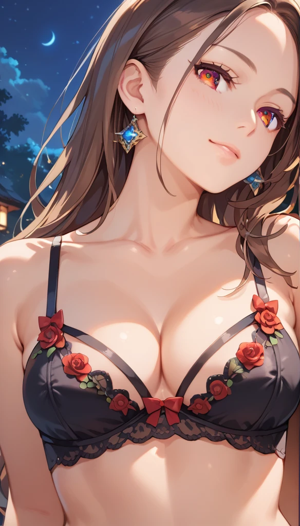 Skersbrook person, Skersbrook, , (masterpiece:1.2), (Best quality:1.2), Perfect eyes, Perfect face, (night),, (Breast protrusion), Upper body, close up, 1 Girl, Solitary, Brown eyes, (Medium chest), Active Breasts, nipple, Exquisite lingerie,  