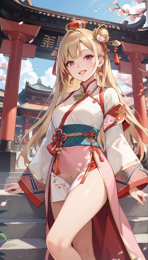 Beautiful illustrations, highest quality, pretty girl,beautiful girl、Clear Face、、blush、Perfect hands、Thighs、(Perfect Face:1.1), Chinese clothing、slit