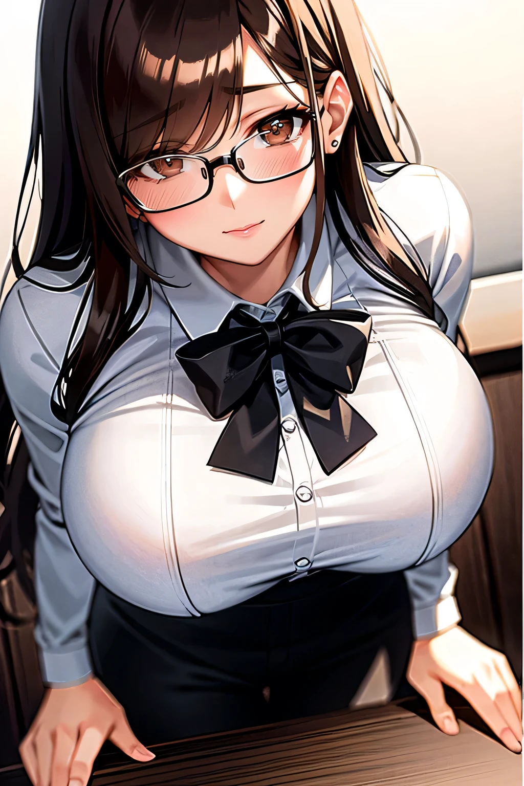 masterpiece, best quality, ultra detailed, ultra high resolution, very detailed face, solo, ((anime)), 20 years old girl, (((white blouse, office lady uniform))), ((darkbrown medium straight hair)), glasses, (((large breast))), ((little angry)), (((bukkake:1.3, cum:1.3))), ((lying on the bed, in the hotel room))