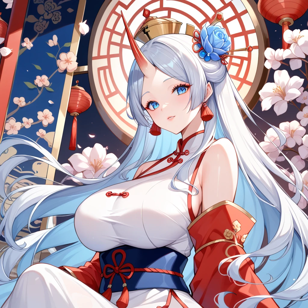 A woman in a blue and white dress、Woman with flowers on her head, Hanfu, palace, Girl wearing Hanfu, blue Hanfu, White Hanfu, Wearing ancient Chinese clothing, ((Beautiful fantasy queen)), ancient Chinese Princess, Chinese, Traditional Chinese clothing, Ancient Chinese Clothing, Beautiful fantasy queen, Chinese Princess, Traditional Beauty,