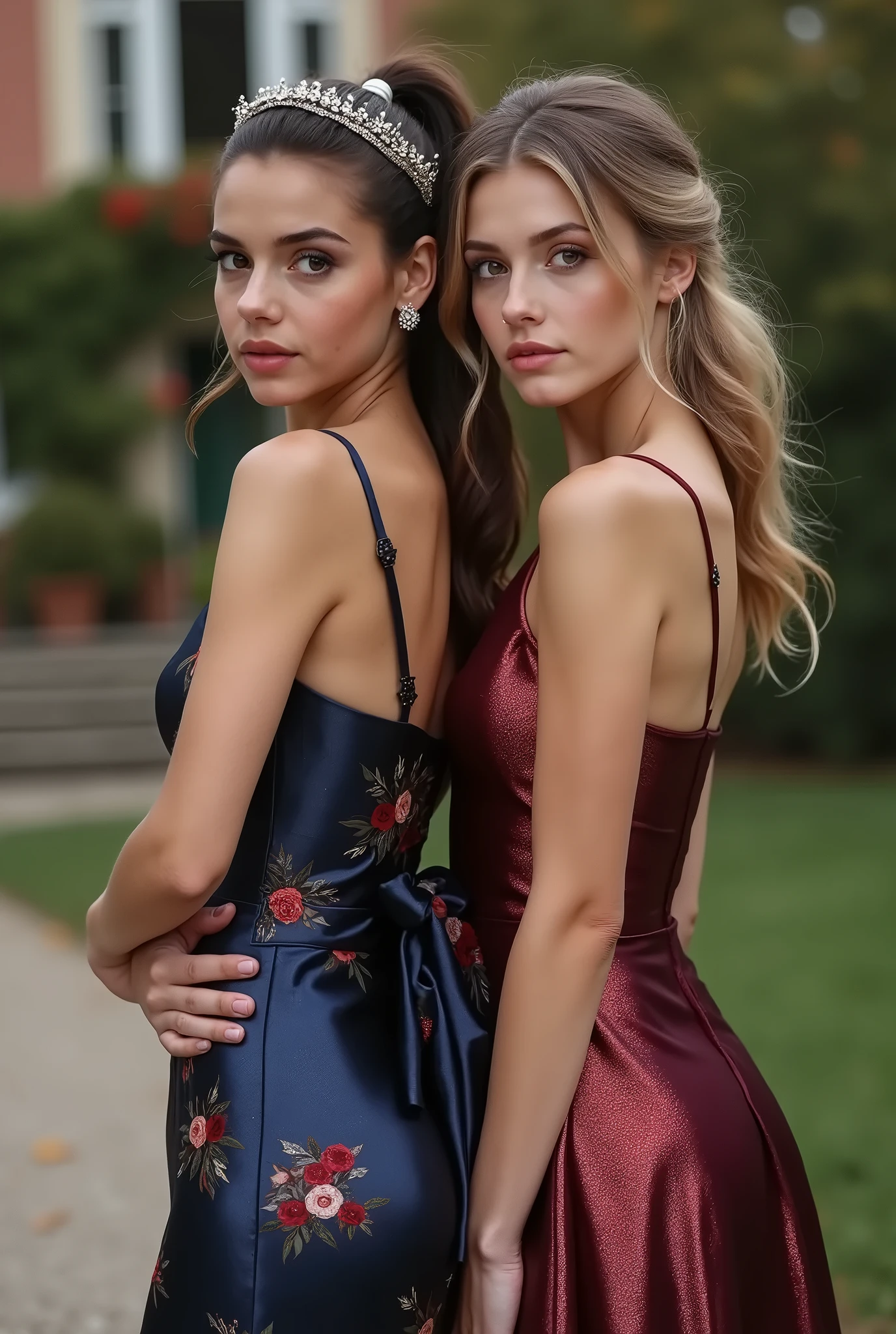 Female supermodel wearing a red cocktail dress on the streets of the town of Oxford around the University of Oxford