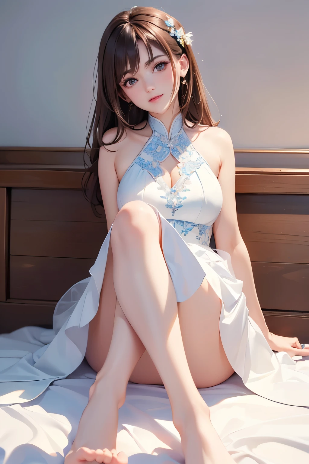 ((Best Quality, 8K, Masterpiece: 1.3)),1 girl, mature woman, brown hair, brown eyes, blank background, remove back ground, feet,Evening dress, white and blue dress