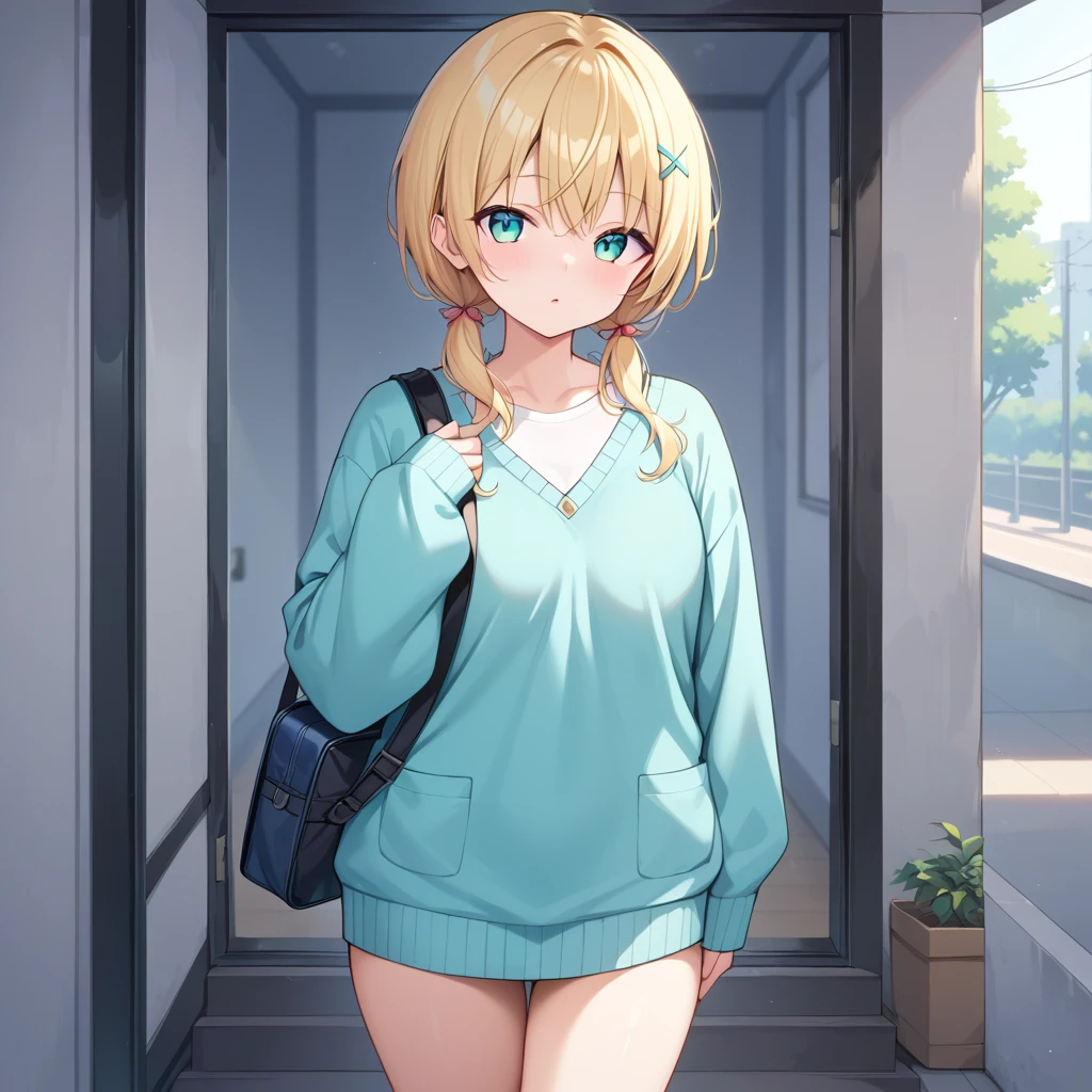 (masterpiece, Best quality, high resolution), Arimaka (Shinobi), Cyan cardigan, sweater, Dark_green_shirt,miniskirt, Standing, Open your clothes, Solitary,