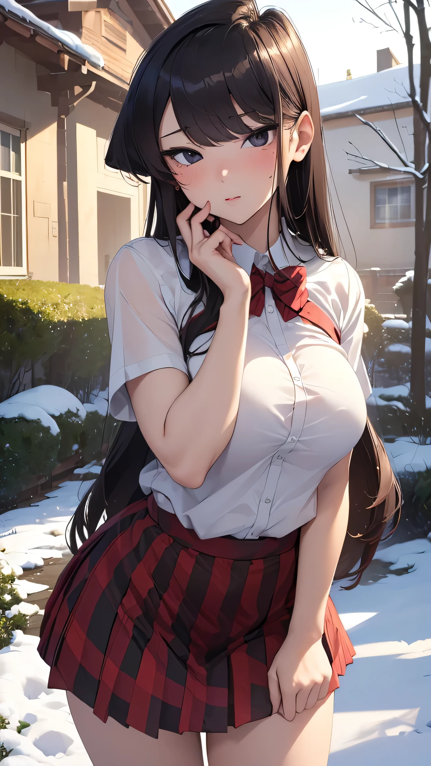 (((masterpiece))), (((High resolution)))、(((8K quality)))、(((perfect face)))、(((K-pop idol)))、20 years old、(skirt), (winter school uniform), look at the camera, ((top quality eyes)), (detailed face), (detailed texture), (big tits), (plump thighs)