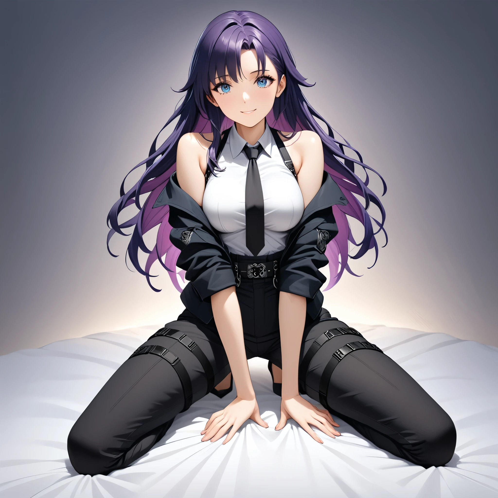 1girl, expressive eyes, perfect face, (bright purple hair, long hair), perfect anatomy, full body, looking at viewer, bright blue eyes, beautiful face, perfect face, perfect hands, perfect legs, super detailed clothing, intricate clothing, (black open jacket, blackharness belt, off shoulder, white shirts, black tie, black cargo pants, solo, erotic, lustful spirit, smile,