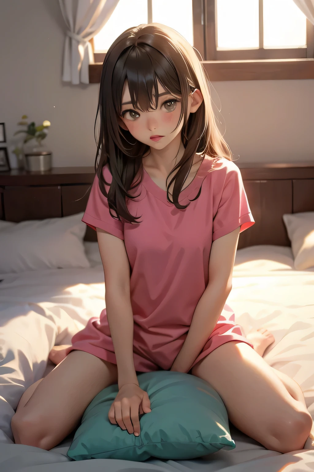 (Browsing Caution:1.2)、Beautiful girl sucks a condom、Flat Chest、Young body、Flat stomach、Embarrassing、A dreamy look、Excessive sweating all over the body、See-through pajamas、(sitting on a pillow,Straddling the pillow:1.4),(Pillow rubbing:1.7),(rubbing the crotch:1.6),Female orgasm,Pussy juice,(Out of breath,Heavy breathing,blush:1.6),(impatience:1.2),(Panicked)、(Look away from the camera、Looking down:1.5)、(Bedroom,On the bed:1.4)、Dim Light、Wide viewing angles、Condoms scattered on the bed、(Underview)、Female acts