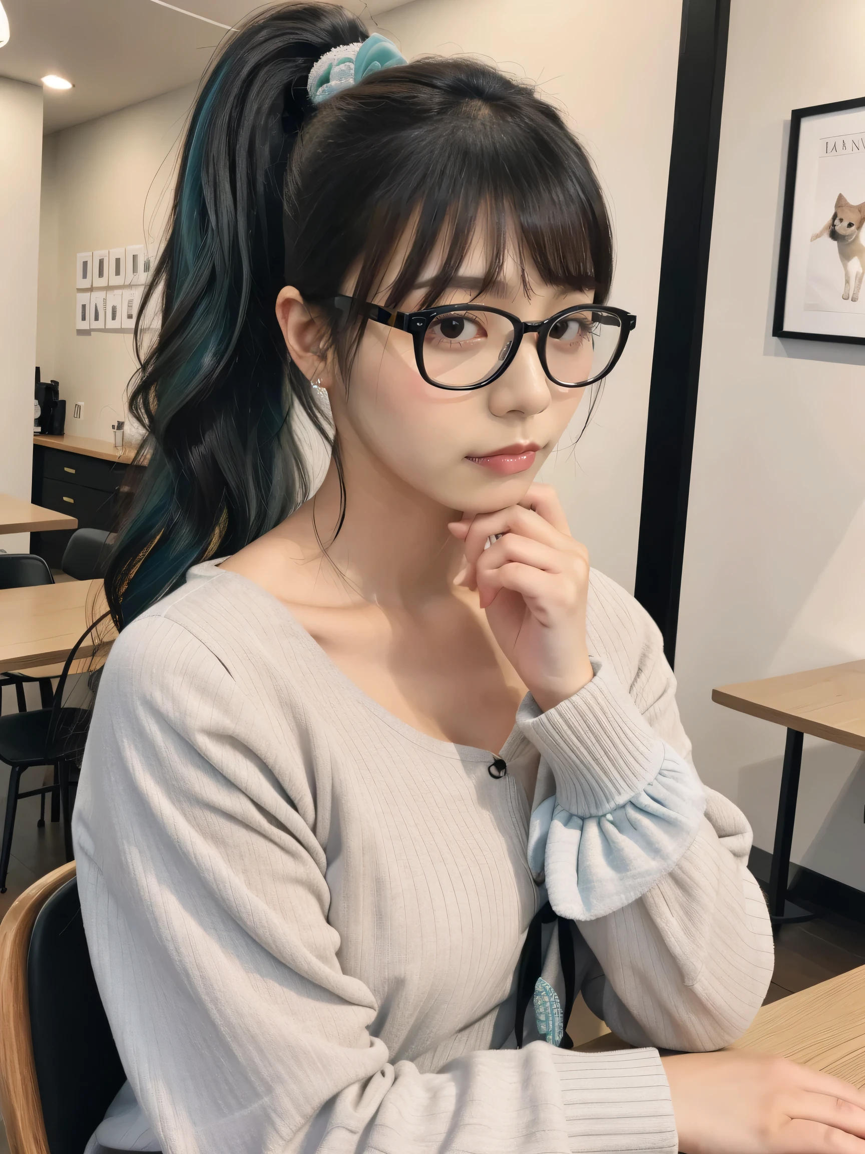 An ordinary girl wearing glasses, (((black hair))), long hair, (((parted bangs))), (((tied in a ponytail))), (((single ponytail))), (((aqua blue hair accessories tied into a ponytail))), (((wearing glasses))), a serious girl, wearing a long pink dress , knitted thin jacket, fashionable clothing, conservative outfit, flat doll shoes, 20 years old, height 158cm, C cup, top student, seriously, squatting In Tokyo, in a cafe taking a photo,with a brown super cute poodle, she is a Dog lover, bare face, no makeup