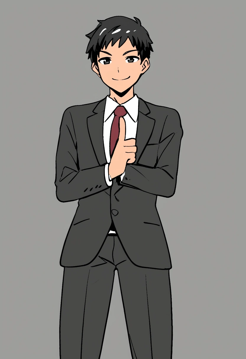 Young man with a sadistic smile, looking at the screen wearing a suit pointing at the screen, anime drawing