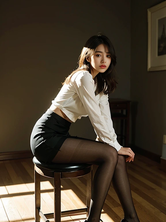 18 year old female, Masterpiece:1.4, long brown hair, (squatting:1.4), On heels, legs spread apart.), Lace underwear, gigantic bust:1.5, buttocks sexy hips, necklace, cute earrings, White short-sleeved shirt with button-down collar., brown belt, A tight black skirt shakes open.:1.3, black stilettos, On the table in the office, raw photos, in the dark, deep shadow, low voice, cool light,