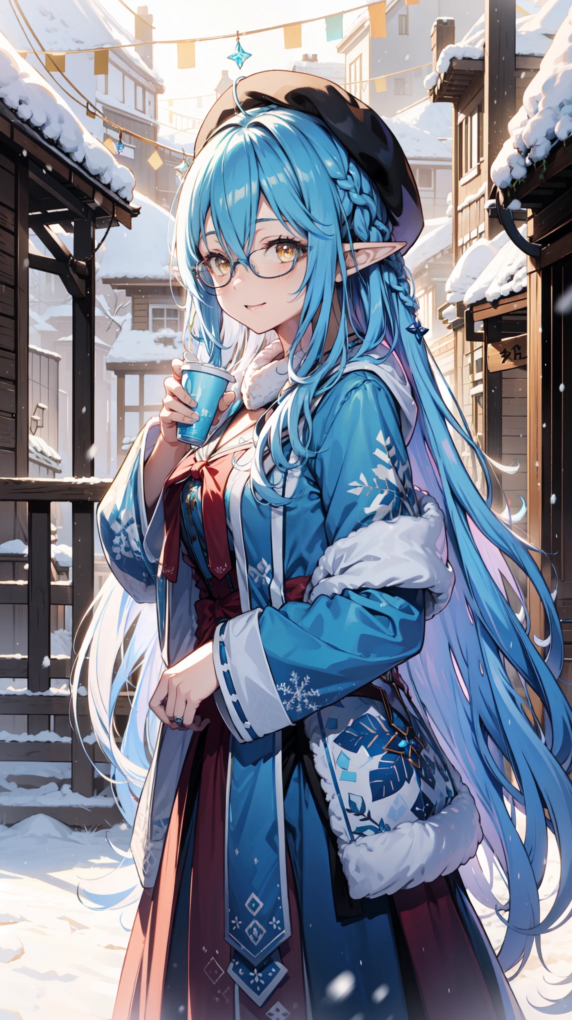 Anime Girl, Fantasy illustration, Flowing hair，Transparent Clothes，winter dress up，Beautiful young elf, Dark blue hair，中Long hair，Special hairstyle，Shiny Shiny，in love，Hair Ring，Happy，Beautiful fantasy anime, 闪亮Flowing hair, Ethereal Anime, Beautiful anime artwork, 1 Girl, Solitary, blush, Snowflake Rummy, student，Beret，in love，happy，Long hair, Hair between eyes, Glasses, outdoor，snow，Cocoa in hand，Plush，Coat