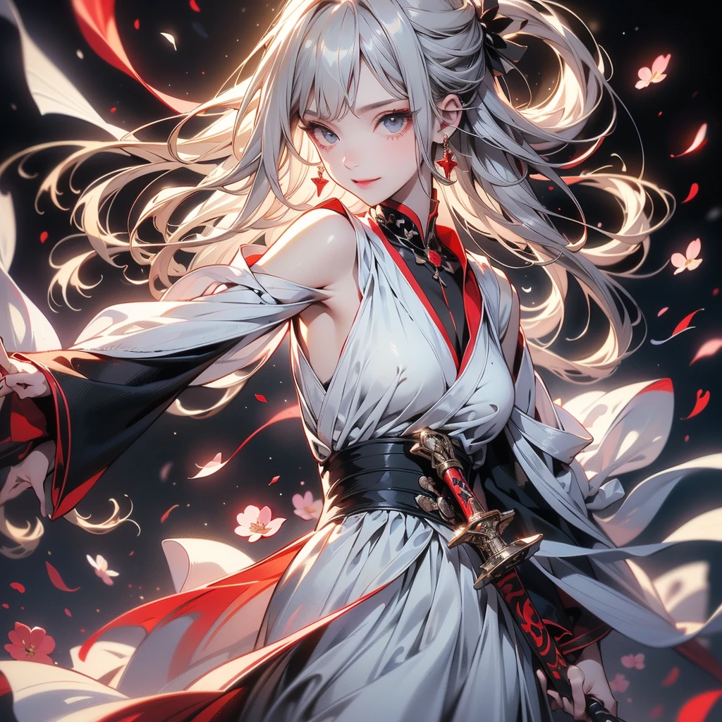 One girl,(((Perfect Anatomy、Best dynamic composition、Super detailed、Best Quality、masterpiece、Official Art、Presence)))、Anime Art、Black Sailor Suit、red and black sword、A sword that has turned red from absorbing blood、Two-handed sword、A sheath attached diagonally to the back、Vampire Hunter、Black rose frame、Milky white, straight, long hair、Swing the sword down、Red and black background、Calm and collected, Still smiling、baby face、Jump Cut、Posed facing the viewer、