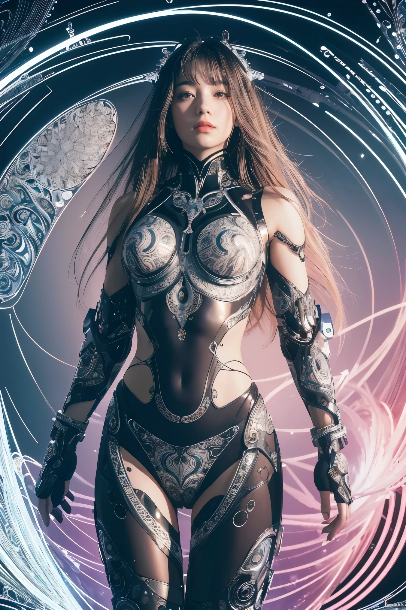 (masterpiece, top quality, best quality, official art, beautiful and aesthetic:1.2), (1girl), (fractal art:1.2),absurdres, highres, ultra detailed, Ultra-precise depiction, solo, (zentangle:1.2), floating hair, shiny skin, (abstract:1.2), pantyhose,looking at viewer, cyberpunk robot, complex robot, halo,