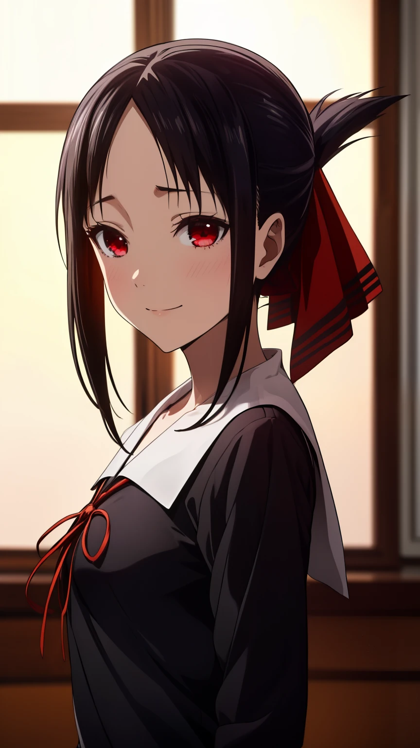 ((Master Quality、8k、masterpiece:1.3、超detailed、High resolution、RAWphotograph、detailed、Blur、Now、((anime、anime塗り))、photograph、HDR)),Kaguya Shinomiya,(1girl, Alone, Shinomiya Kaguya), red eyes, black hair, hair ribbon, red ribbon, (black school uniform), short dress, long sleeves, small breasts, smile,School、Student Council Room、Random Pause、Random Angle、Cowboy Shot