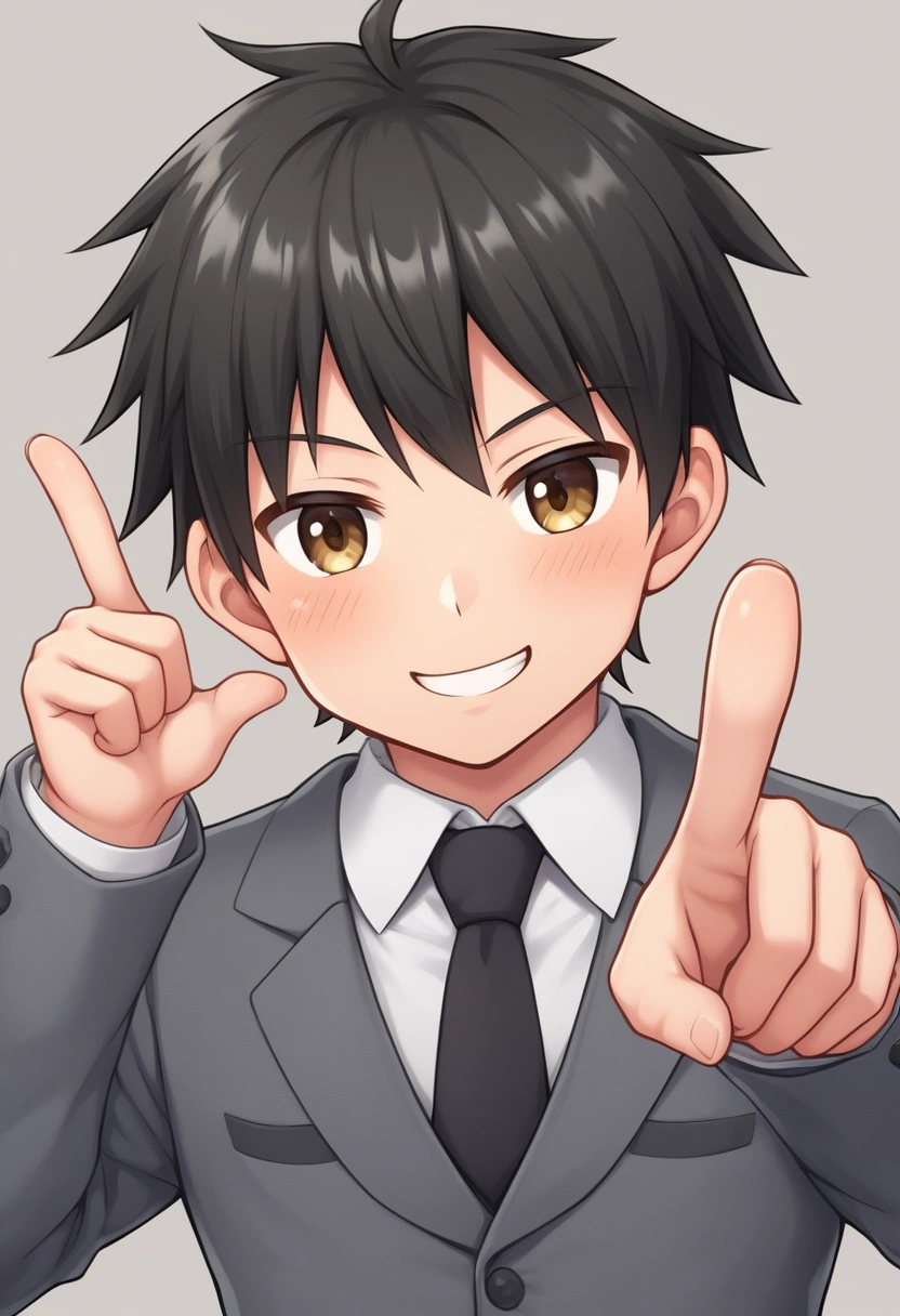 Young man with a sadistic smile, looking at the screen wearing a suit pointing at the screen, anime drawing